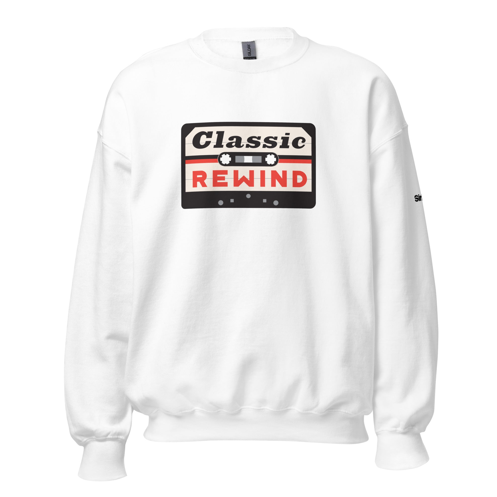White sweatshirt with 'Classic REWIND' design featuring a cassette tape graphic in red, white and black.