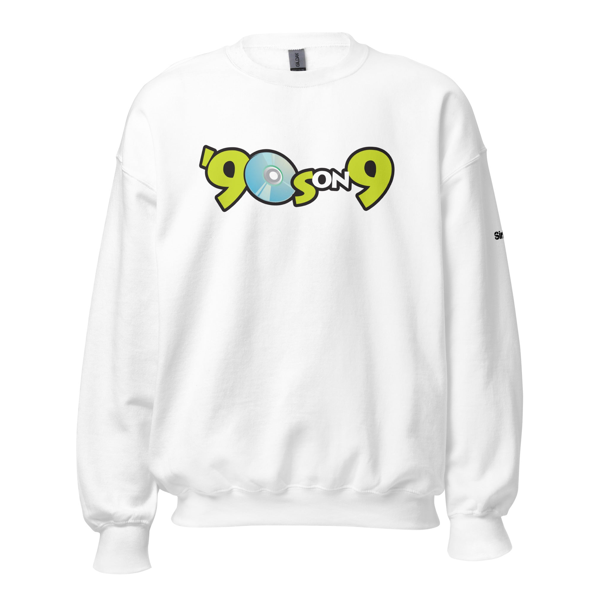 White sweatshirt featuring the text '90s on 9' in light blue and vivid green with a CD graphic.