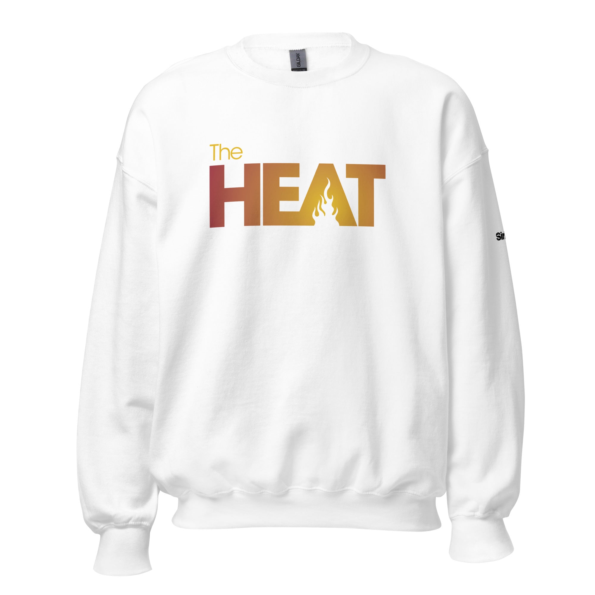 White sweatshirt with the text 'The HEAT' in a orange to yellow gradient colors and a flame design in the letter 'A'.