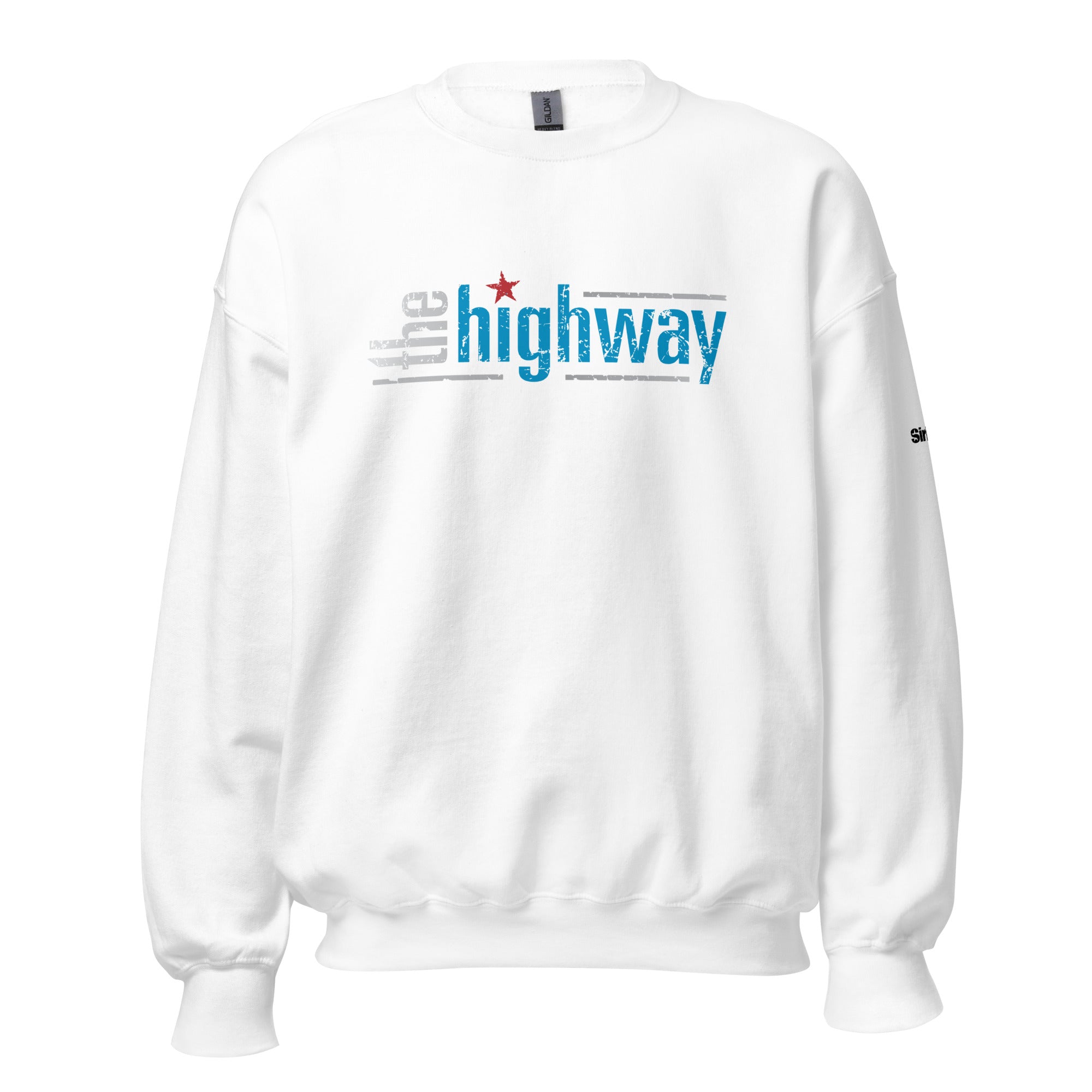 White sweatshirt featuring the text 'the highway' in blue and gray with a red star accent.