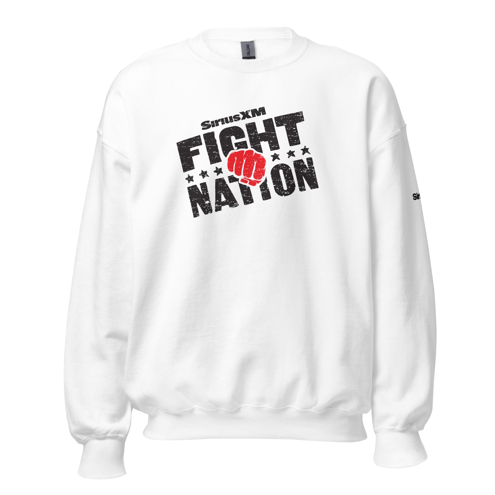 White sweatshirt featuring 'SiriusXM FIGHT NATION' with a red fist graphic and black stars.