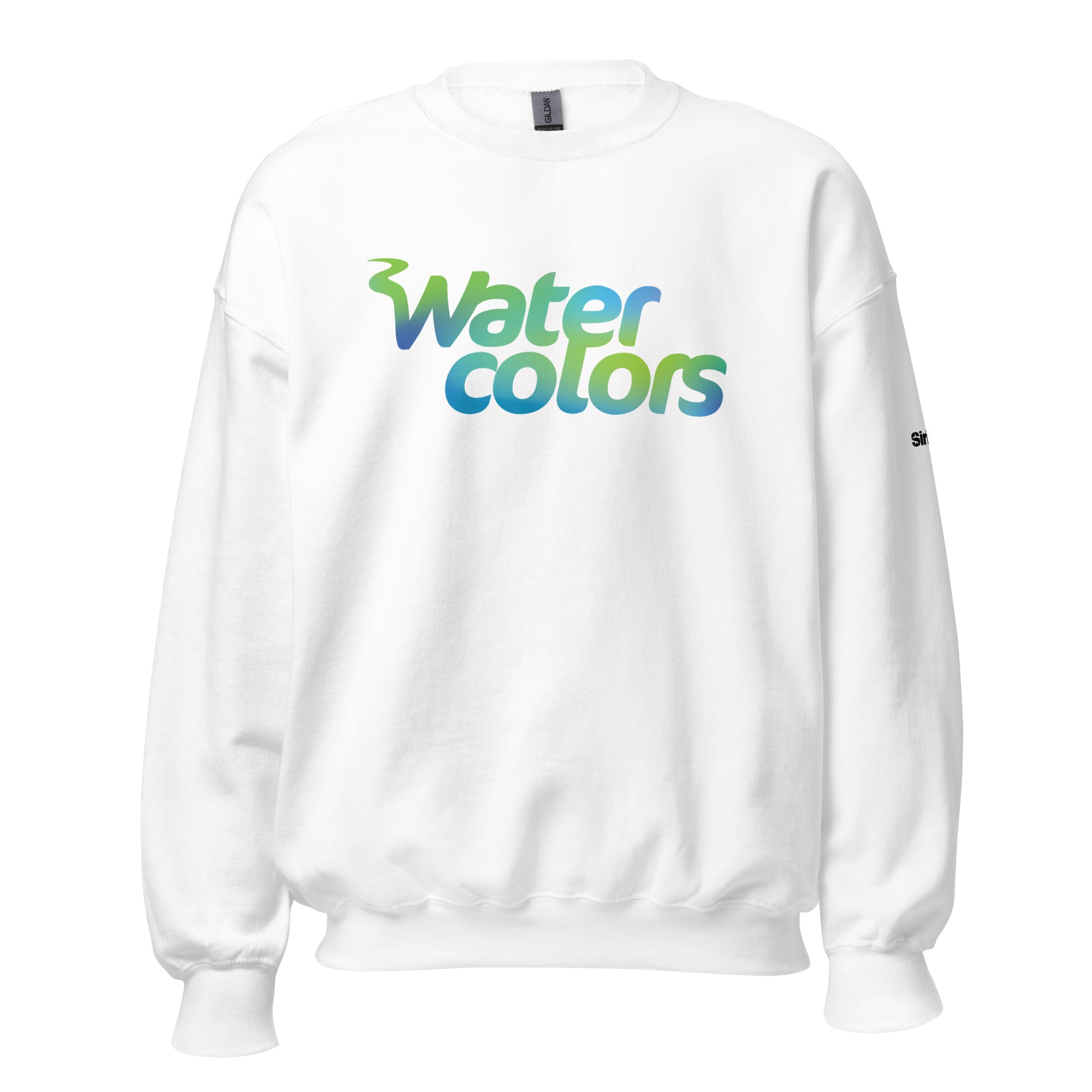 White sweatshirt with 'Watercolors' logo in green and blue gradient.