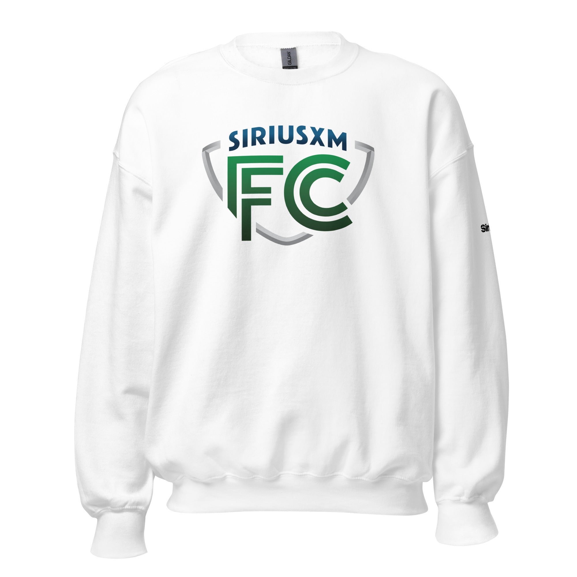 White sweatshirt featuring 'SiriusXM FC' logo in Green, blue and grey on the front.