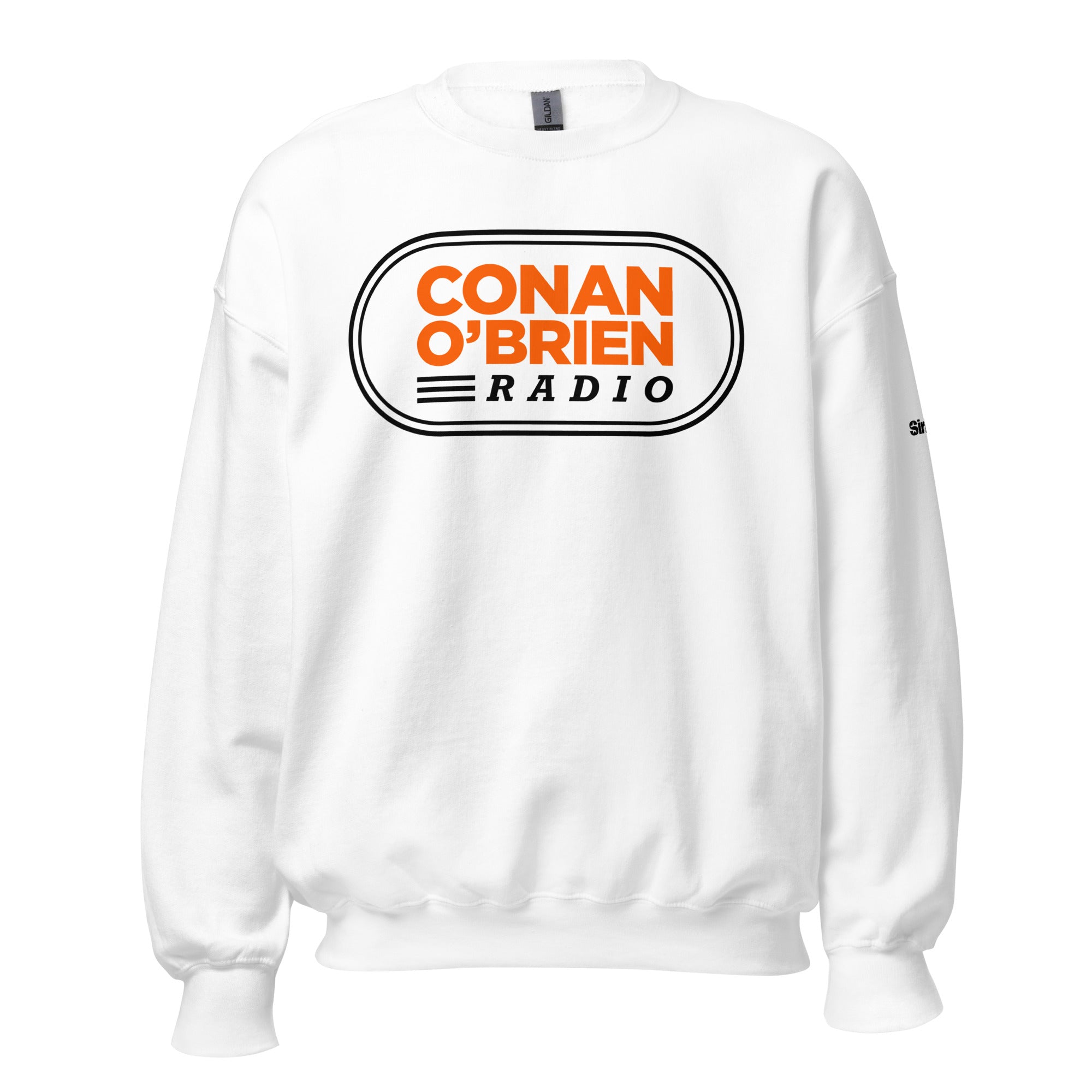 White sweatshirt featuring 'CONAN O'BRIEN RADIO' graphic in orange and black.