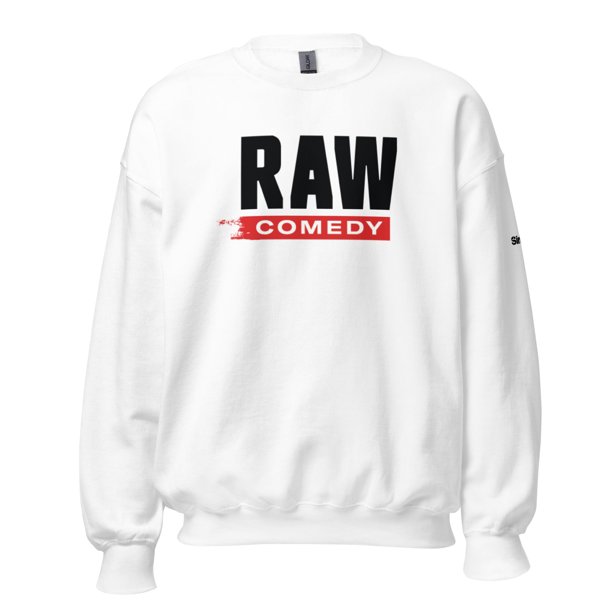 White sweatshirt featuring the text 'RAW COMEDY' in bold black and red colors.