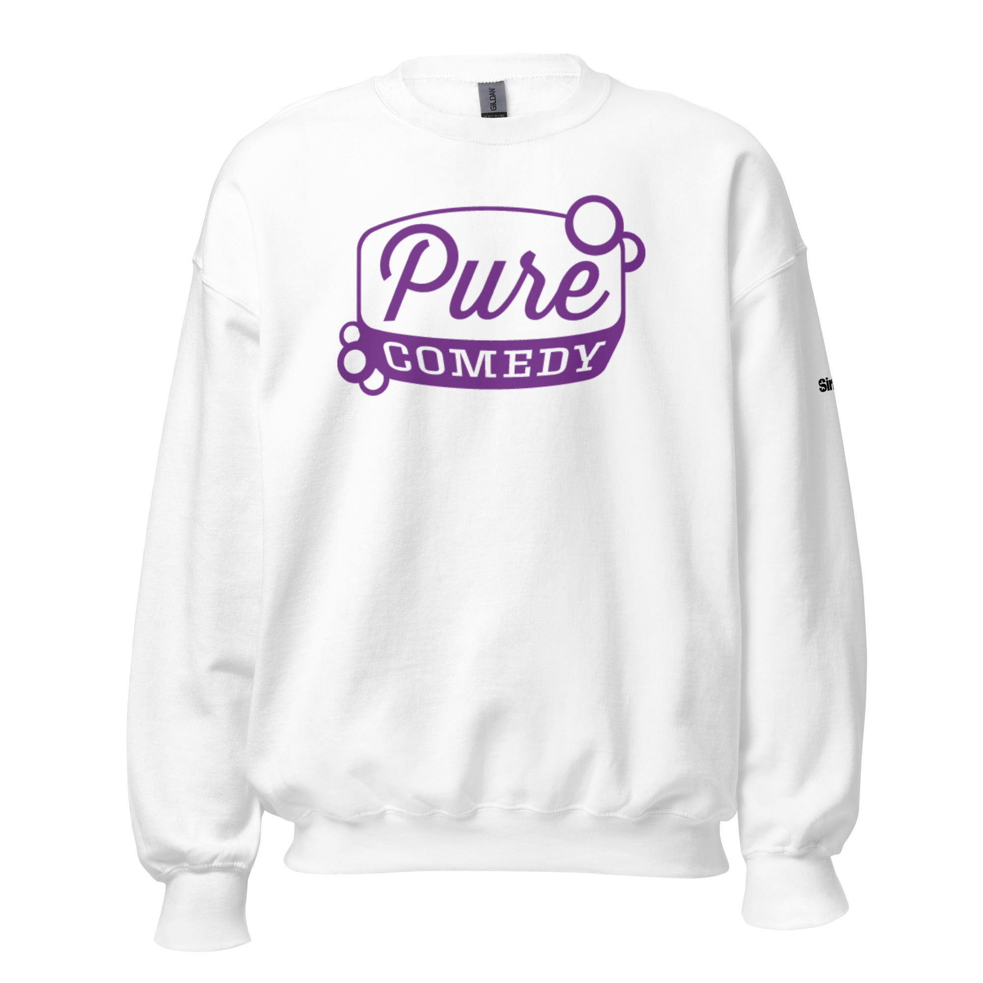 White sweatshirt with 'Pure Comedy' in purple lettering.