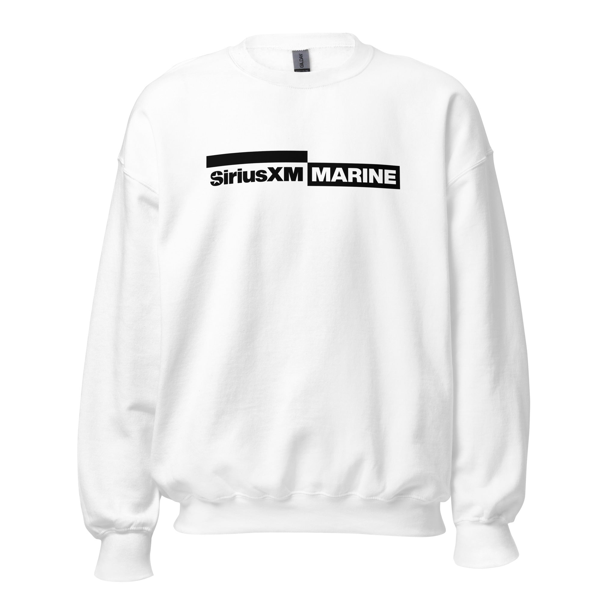 White sweatshirt with 'SiriusXM MARINE' printed in bold black letters.