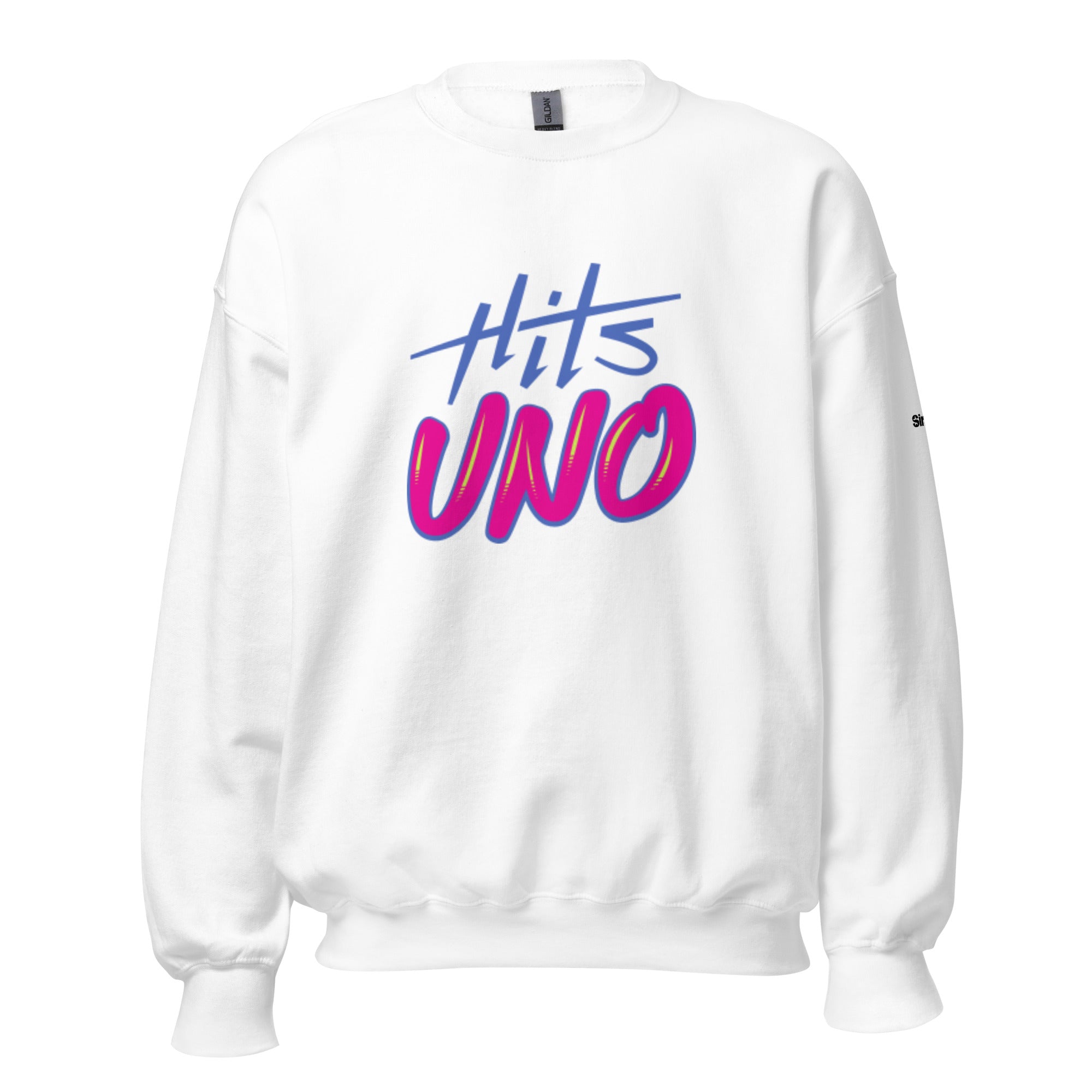 White sweatshirt featuring the text 'Hits UNO' in blue and pinkl, playful typography.