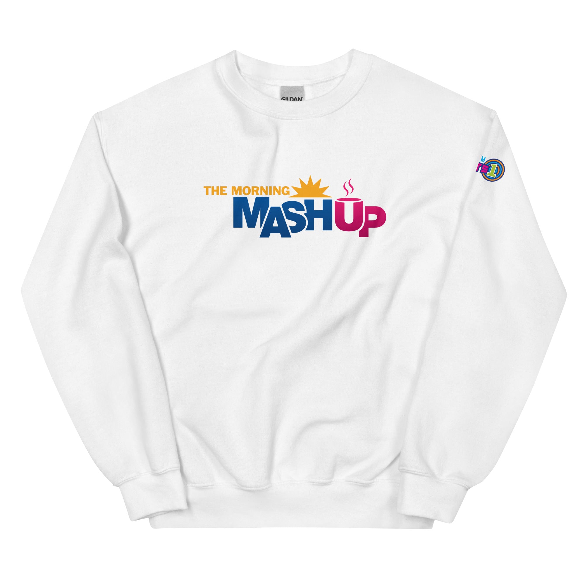 White sweatshirt featuring 'THE MORNING MASH UP' logo yellow, blue and pink text in the center.