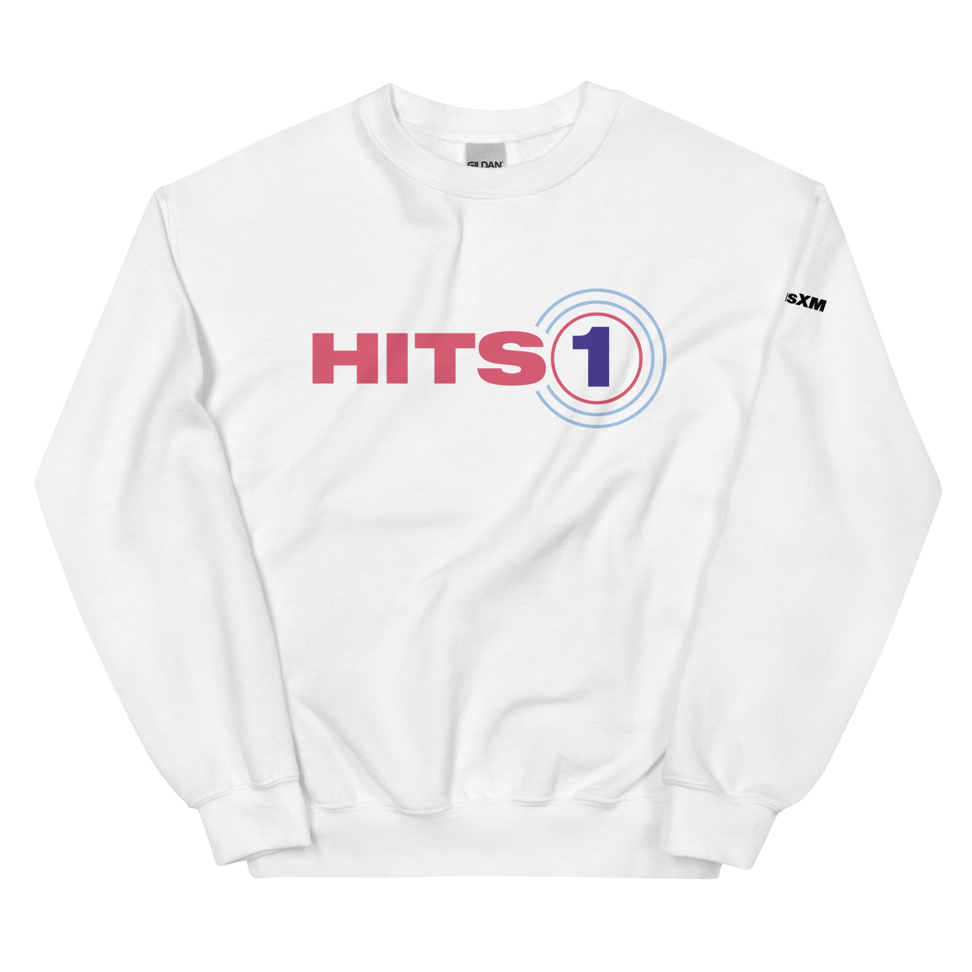 White sweatshirt with 'Hits 1' logo on front.