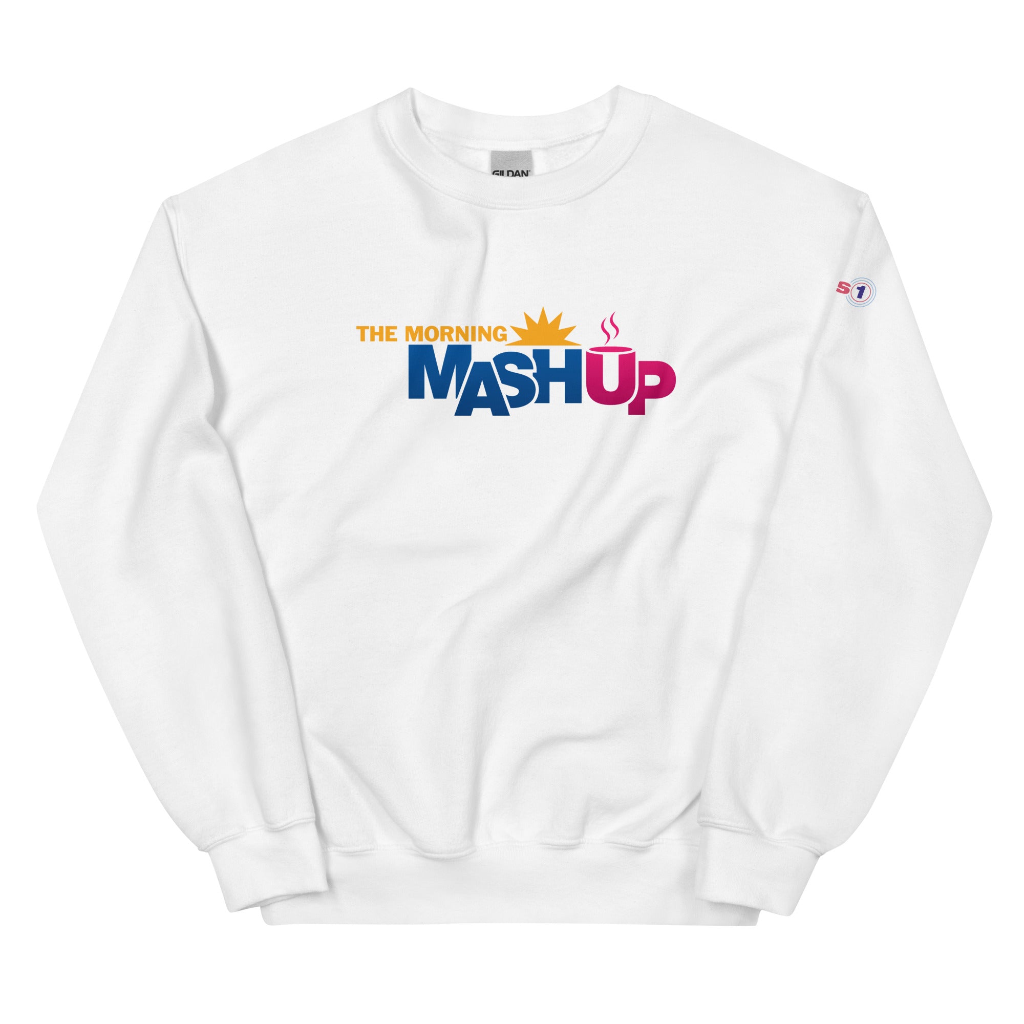 White sweatshirt with 'Morning Mash Up' on front and 'Hits1' logo on sleeve.