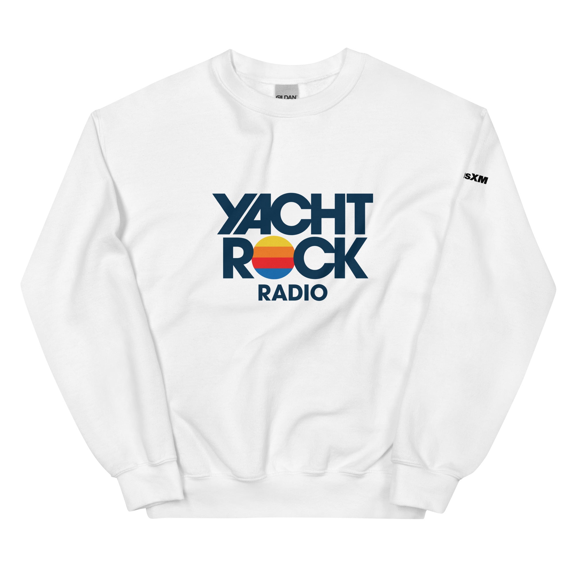 White sweatshirt with 'Yacht Rock Radio' logo on a white background