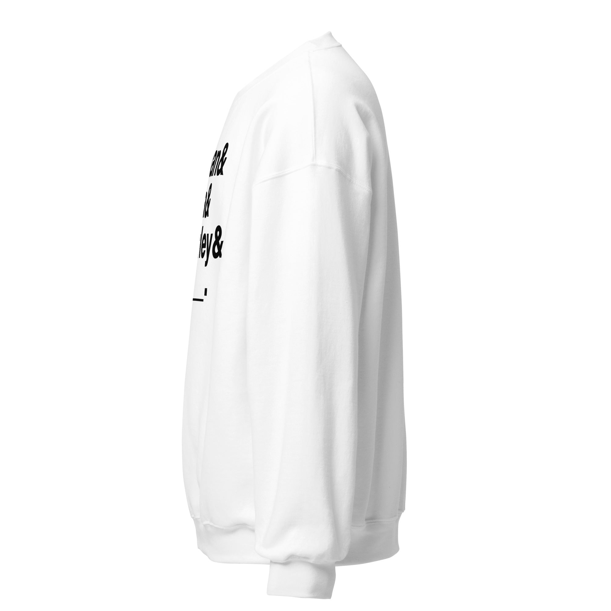 Left sleeve of white sweatshirt with partially visible bold black text: 'Conan & Sona & Gourley & _____.'