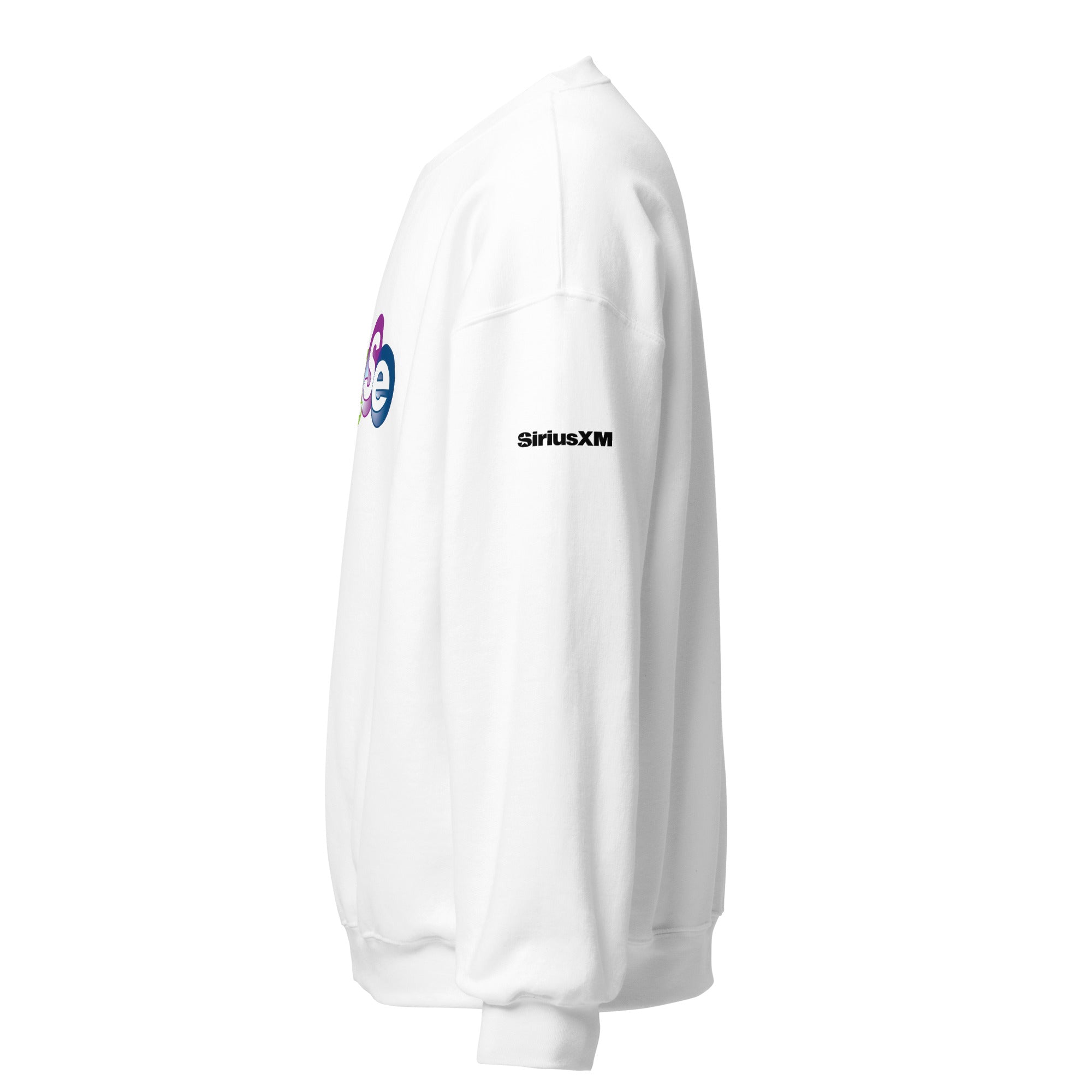 White sweatshirt featuring black 'SiriusXM' branding on the sleeve.