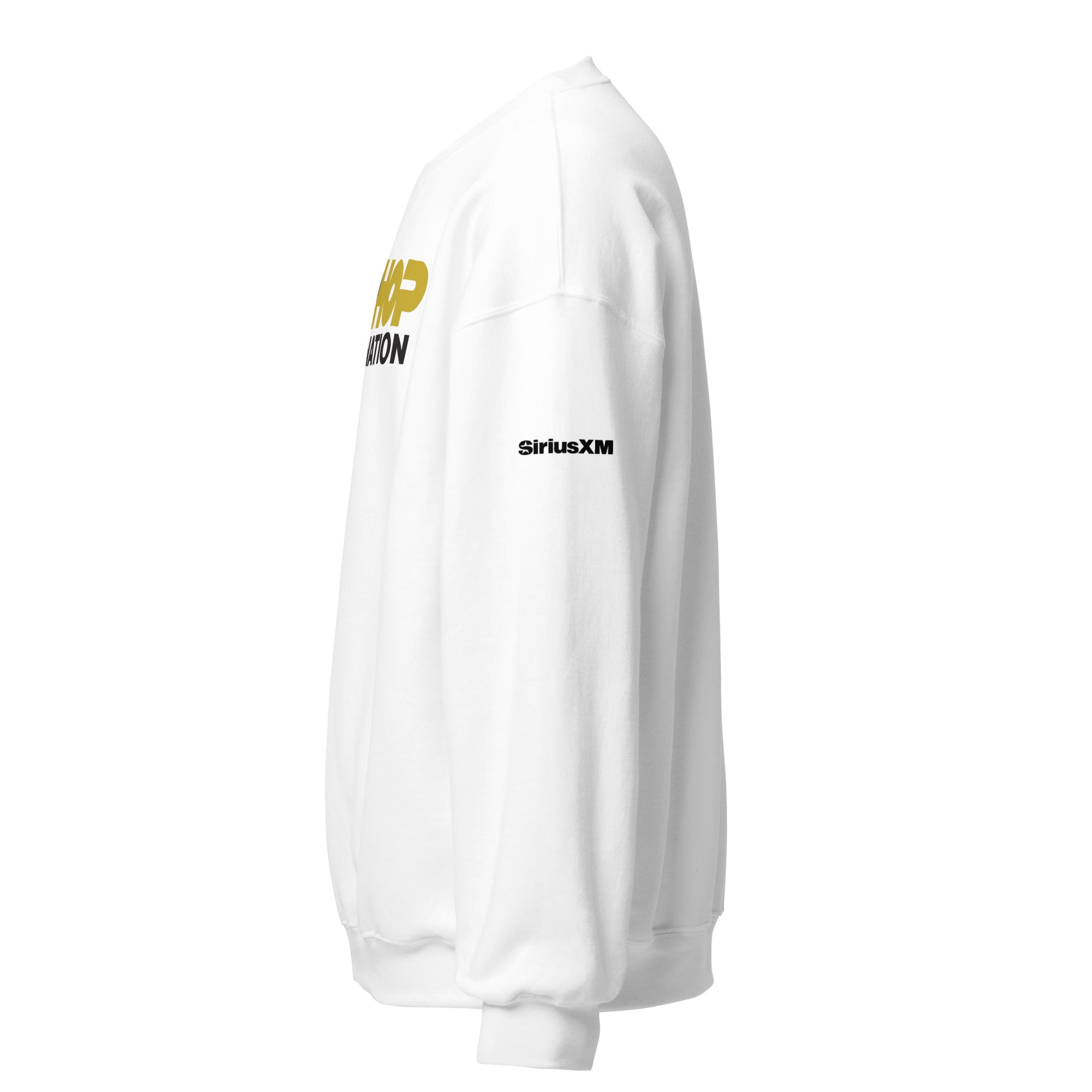 White sweatshirt with 'SiriusXM' logo in black text on the sleeve. Side view.