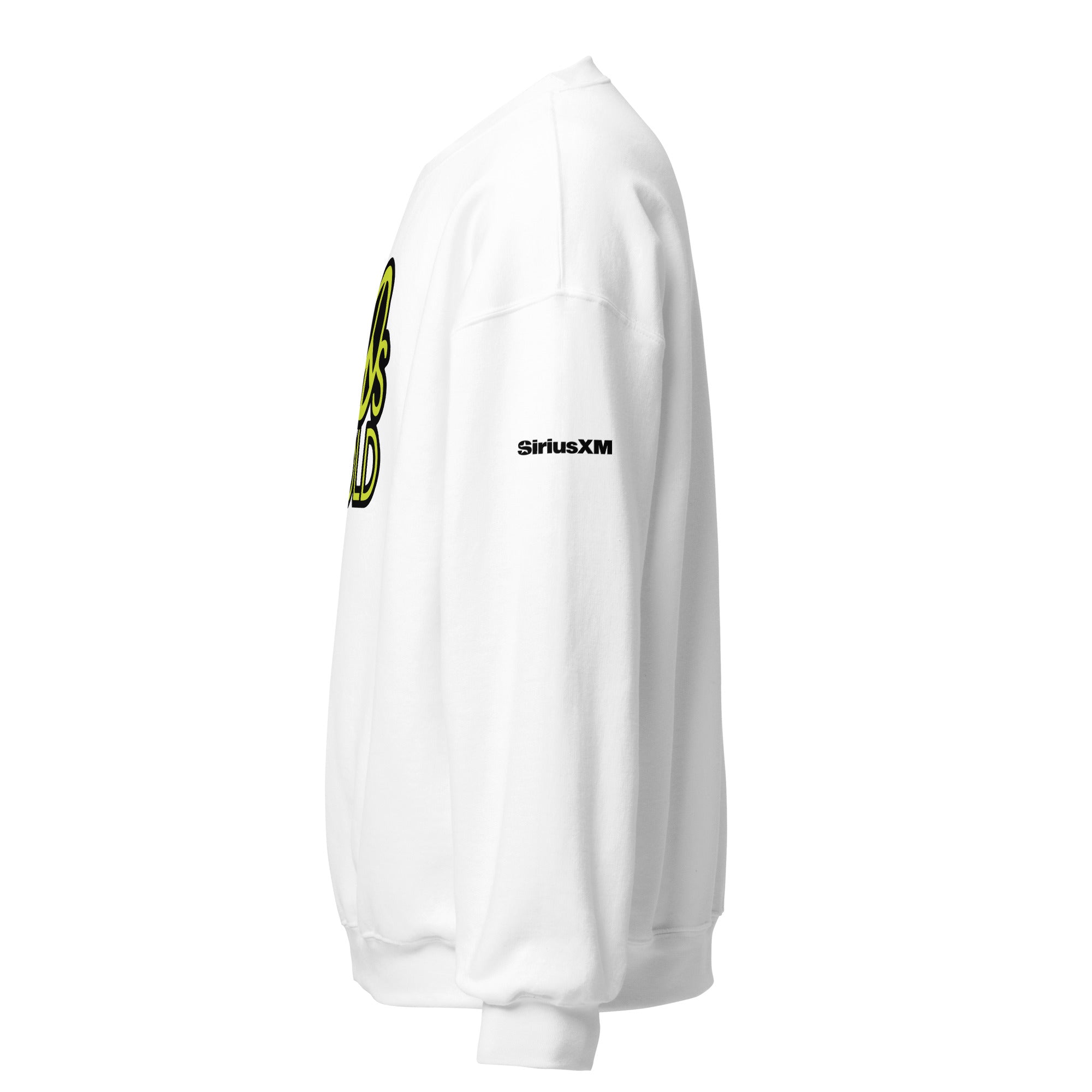 White sweatshirt with black 'SiriusXM' logo on the sleeve.