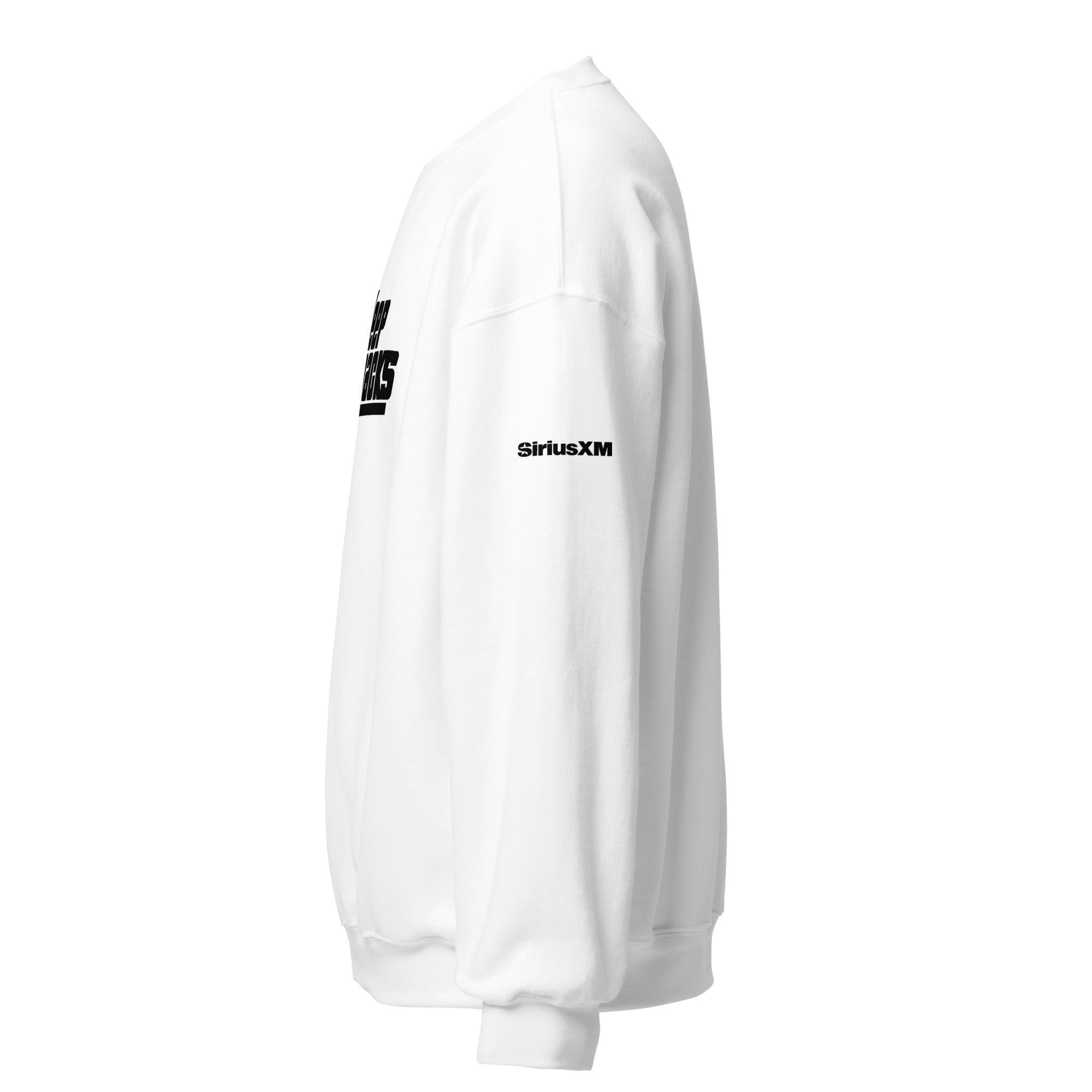 White sweatshirt featuring a black 'SiriusXM' logo on the sleeve, shown from the side.