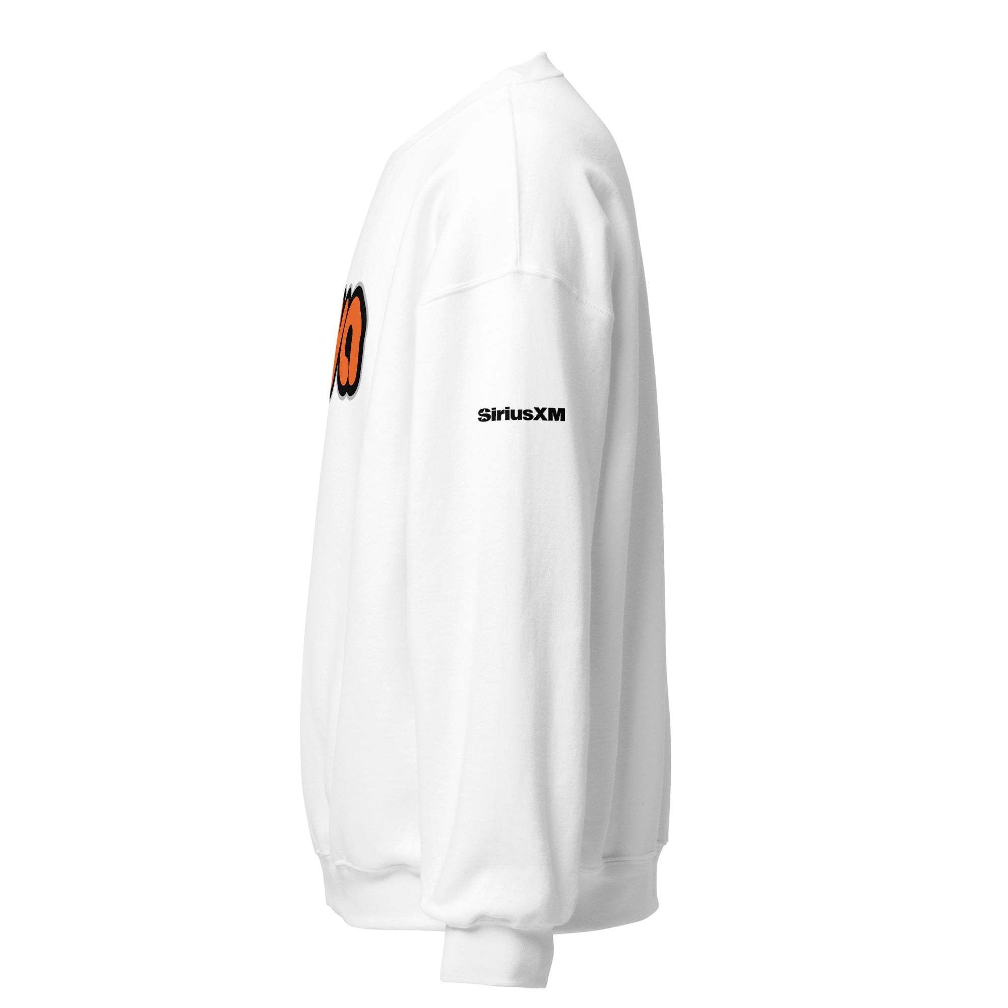 White sweatshirt featuring a black 'SiriusXM' logo on the sleeve, shown from the side.