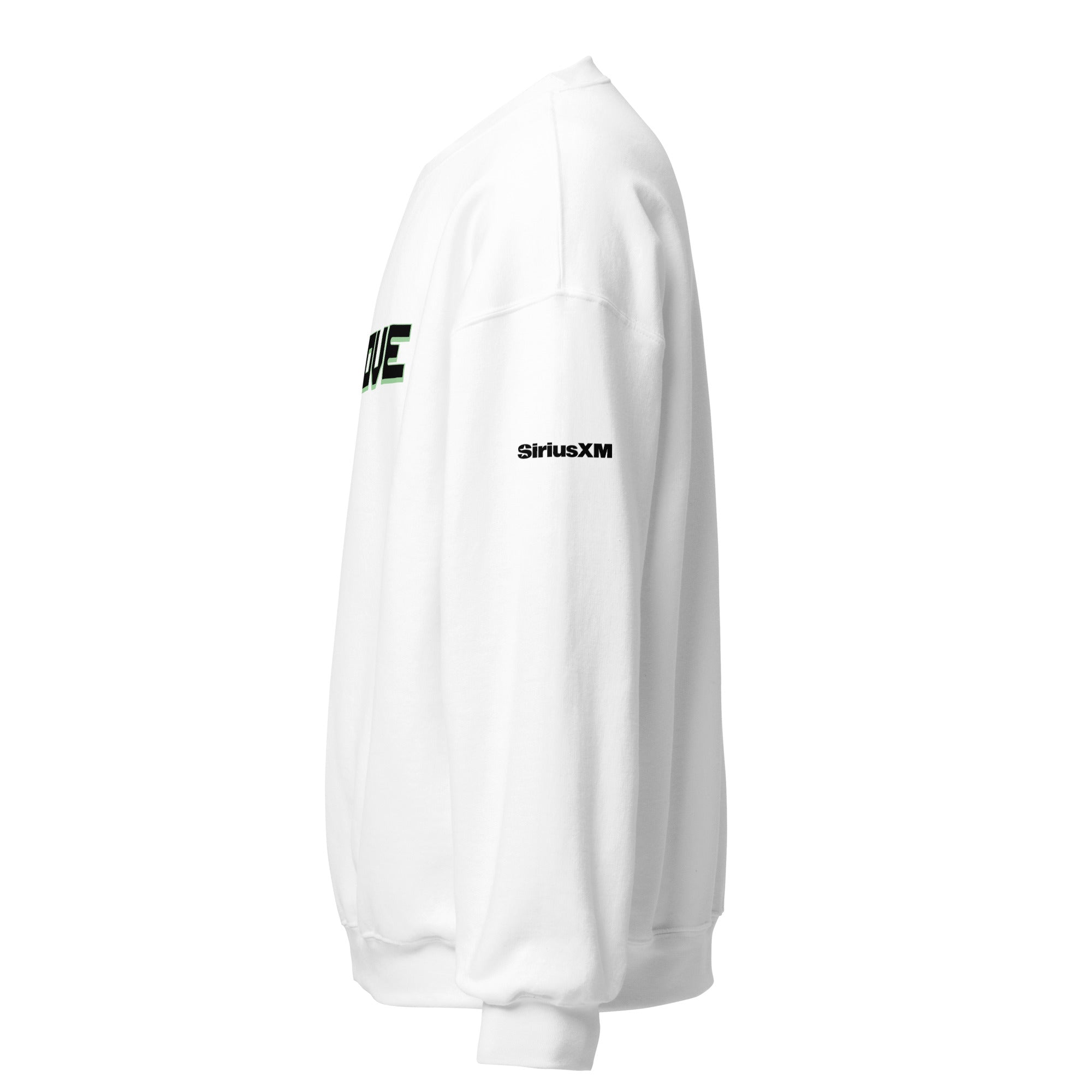 White sweatshirt featuring black 'SiriusXM' logo on the sleeve.