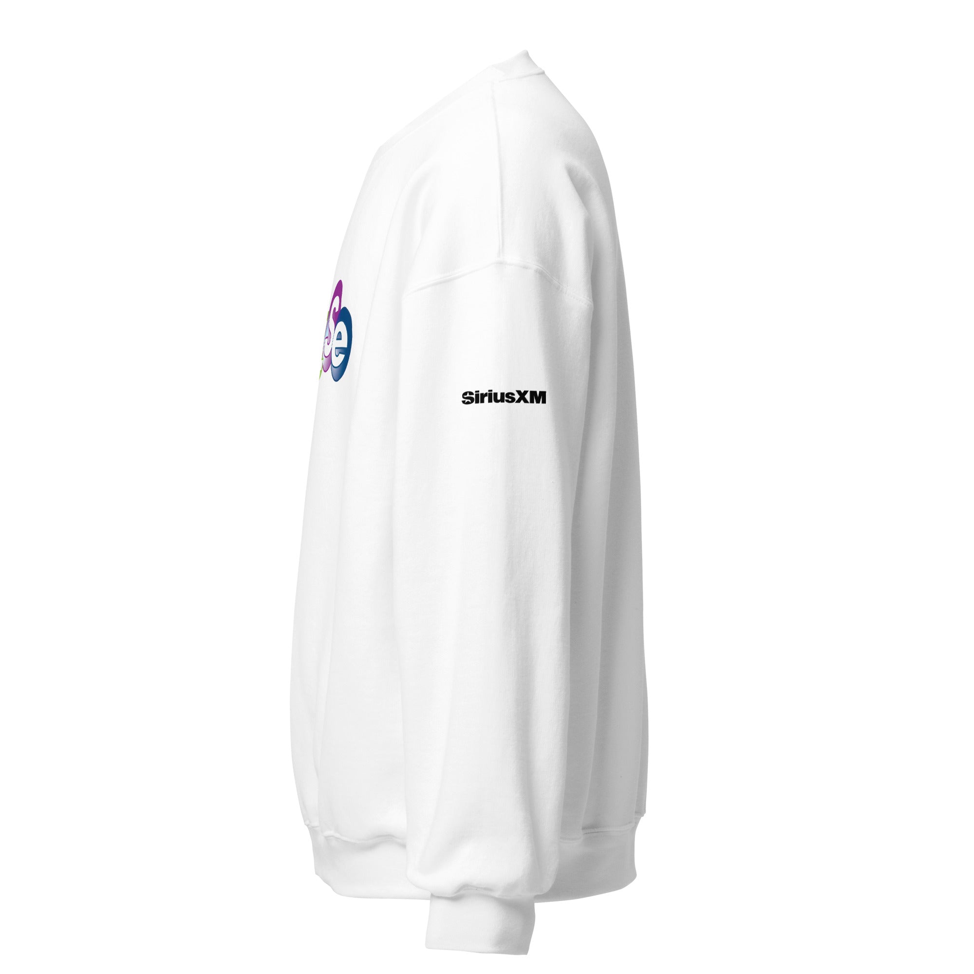 White sweatshirt featuring black 'SiriusXM' branding on the sleeve.