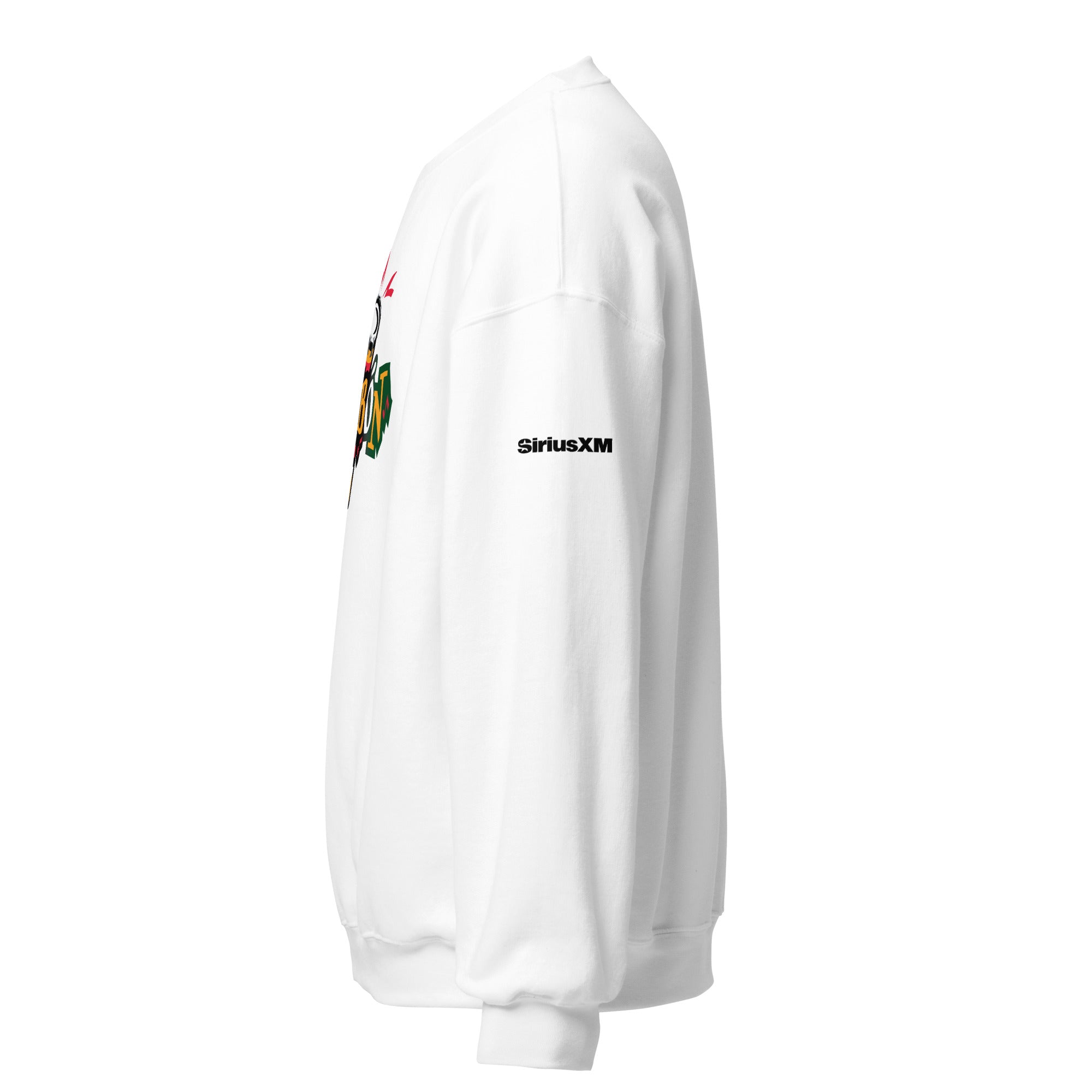 White sweatshirt with 'SiriusXM' logo on the sleeve, viewed from the side.