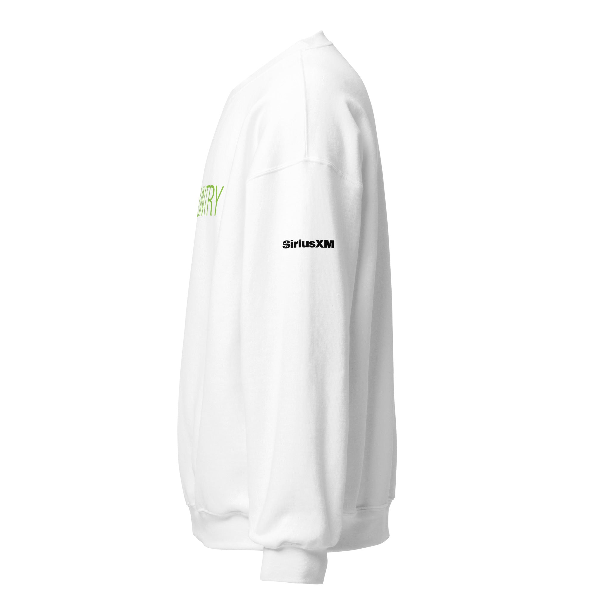 White sweatshirt with green text reading 'COUNTRY' and black 'SiriusXM' logo on the sleeve.