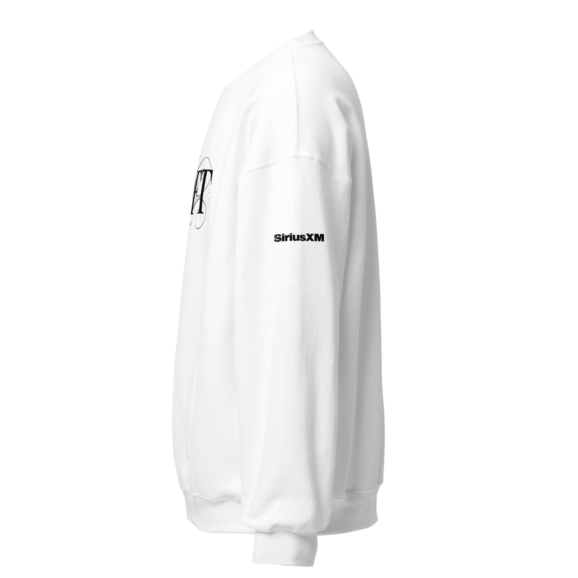 White sweatshirt with graphic design on the front and 'SiriusXM' logo on the sleeve. Side view.
