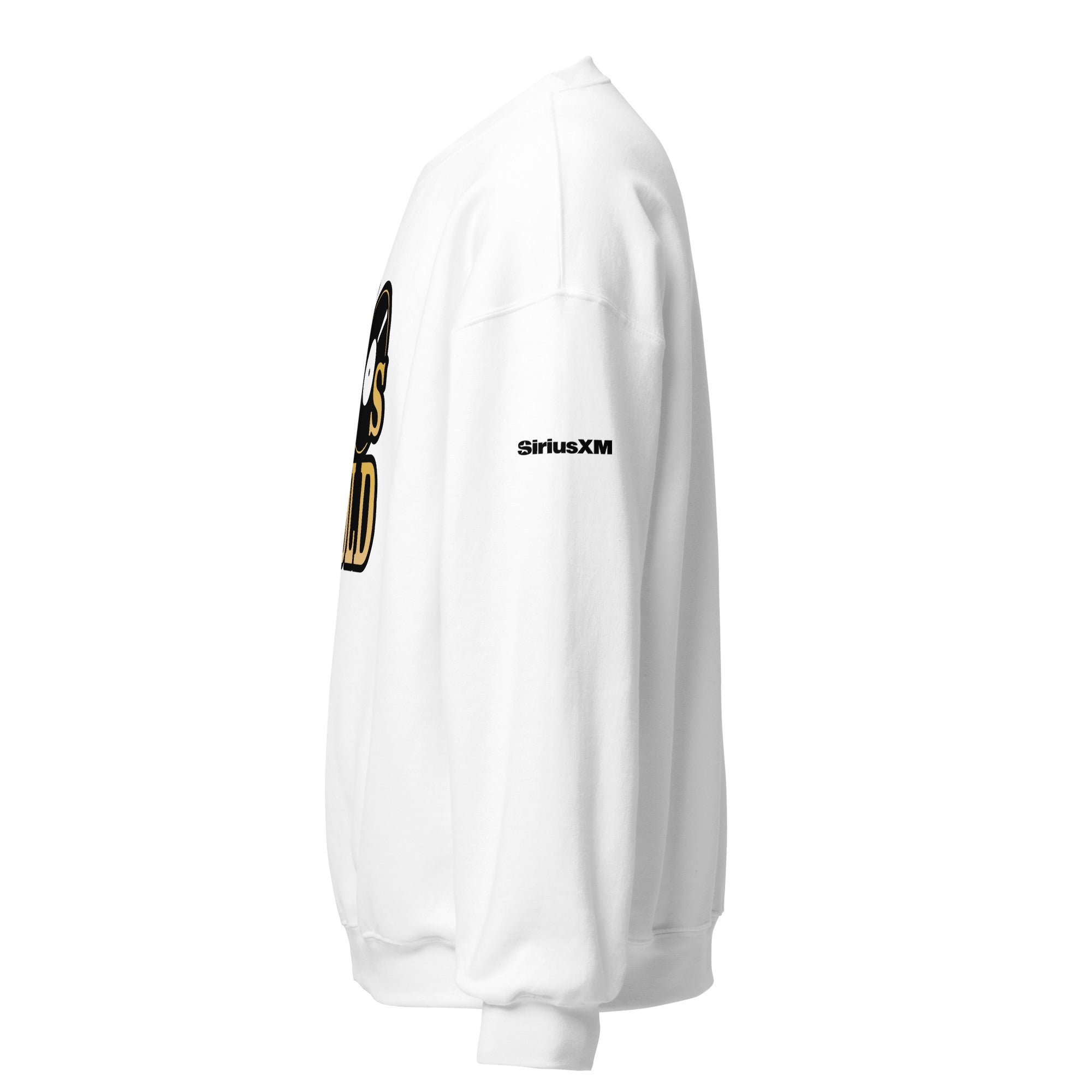 White sweatshirt featuring 'SiriusXM' logo on the sleeve. Side view.