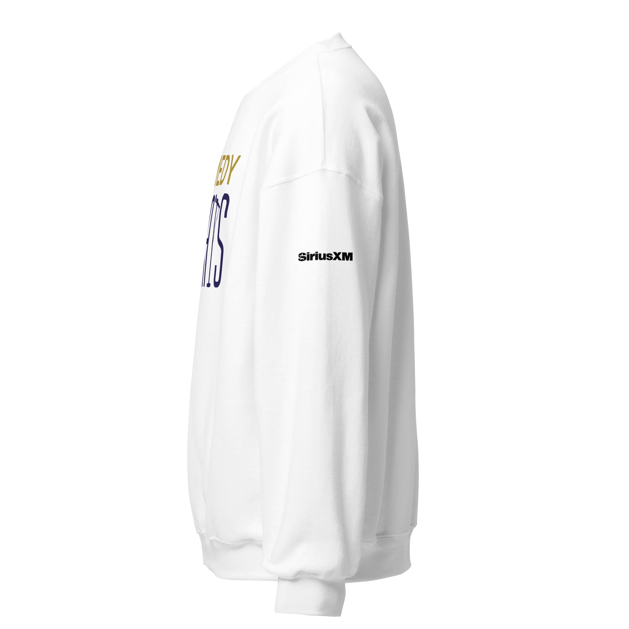 White sweatshirt with 'SiriusXM' logo on the sleeve, shown from the side.