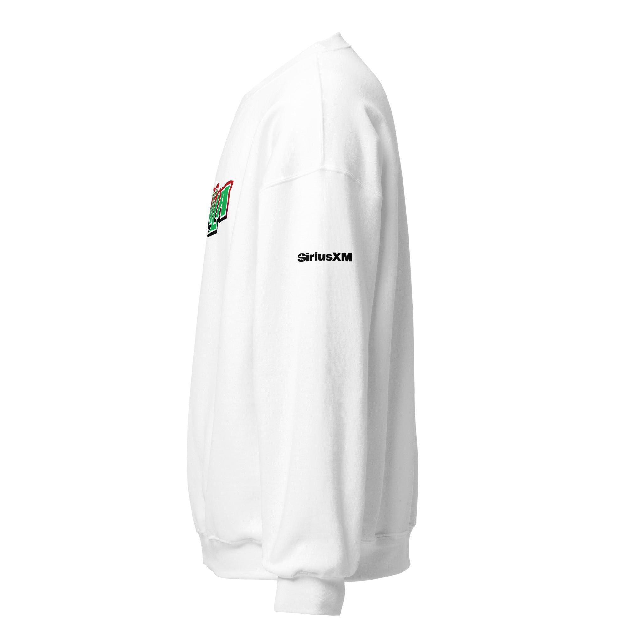 White sweatshirt featuring a colorful logo and the 'SiriusXM' branding on the sleeve.