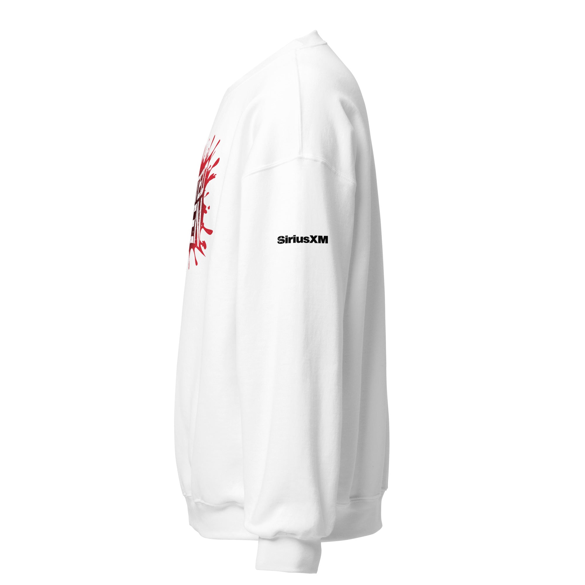 Side view of a white sweatshirt featuring 'SiriusXM' logo on the sleeve.