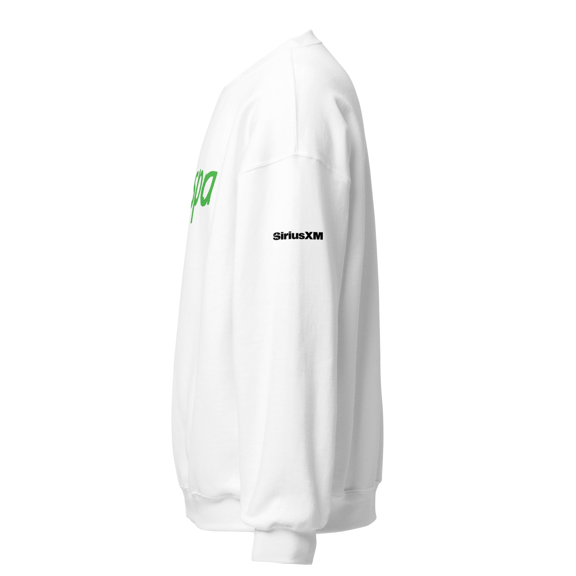 White sweatshirt featuring green logo and black 'SiriusXM' text on the sleeve, shown from the side.