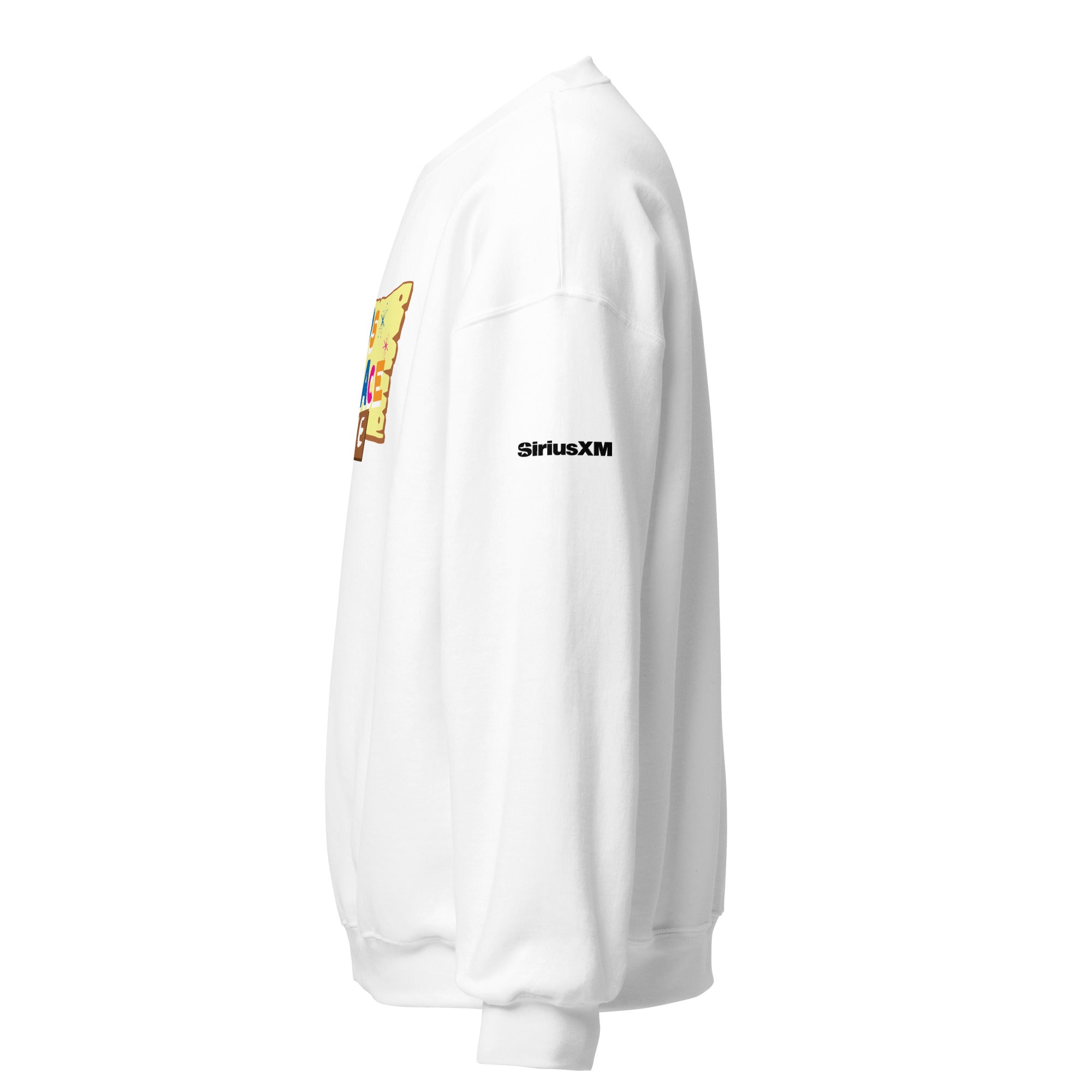 White sweatshirt with a colorful graphic design on the front and 'SiriusXM' logo on the sleeve. Side view.
