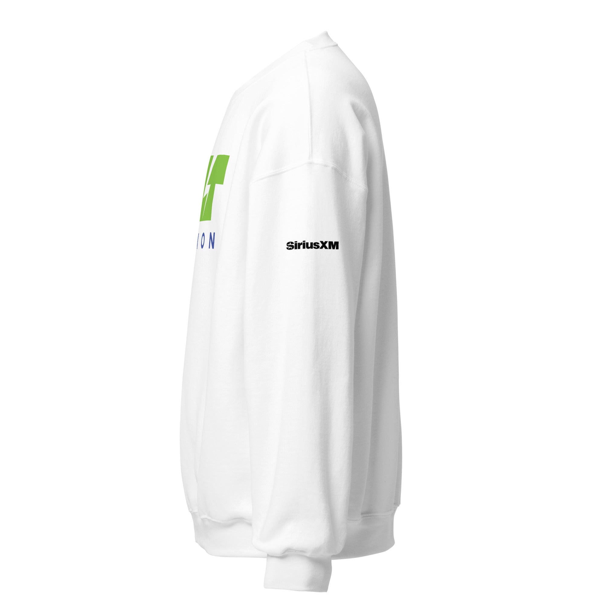 White sweatshirt featuring green and blue logo, with 'SiriusXM' printed on the sleeve.
