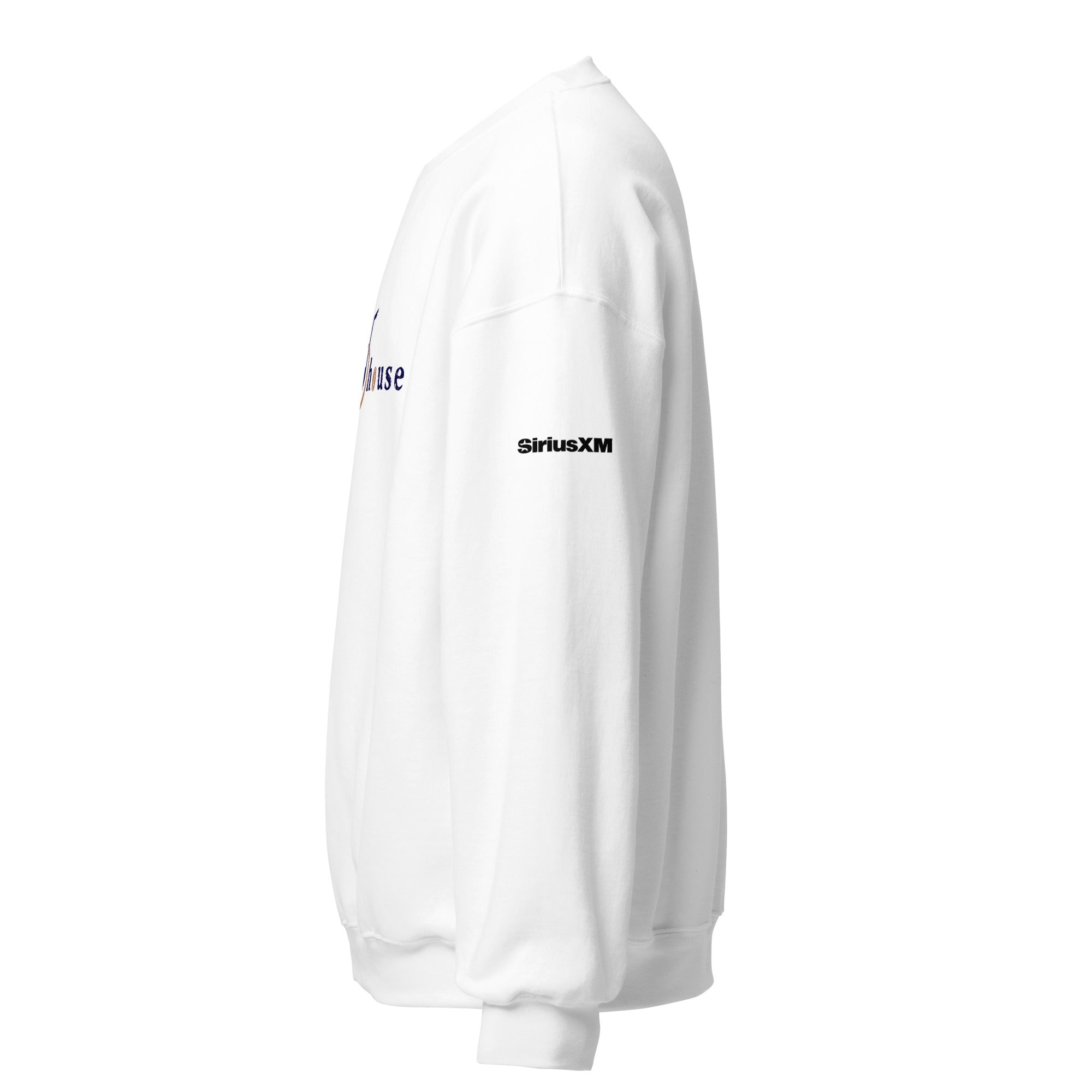 Side view of a white sweatshirt with text 'SiriusXM' on the sleeve.