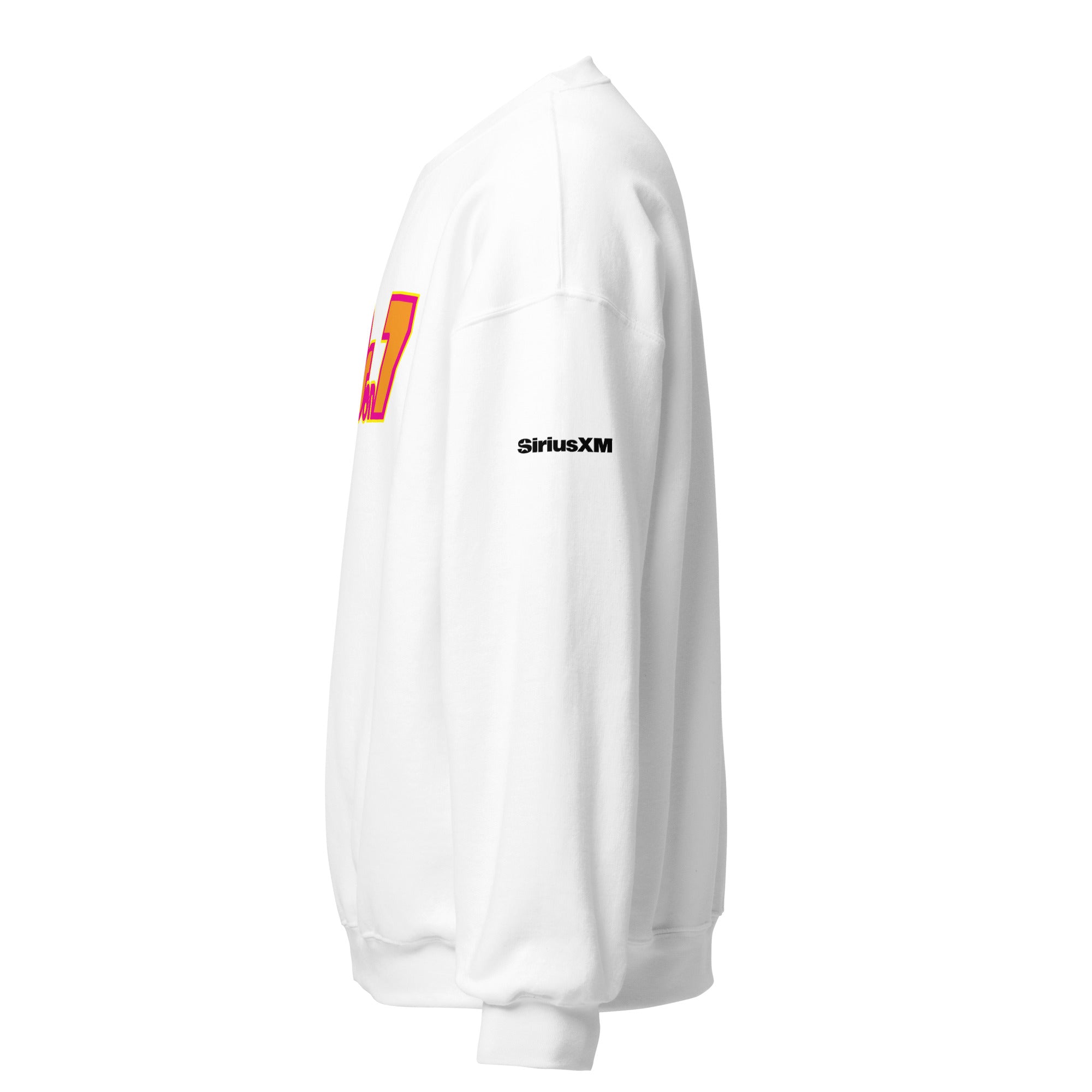 White sweatshirt with colorful graphic on the front and 'SiriusXM' logo on the sleeve. Side view.