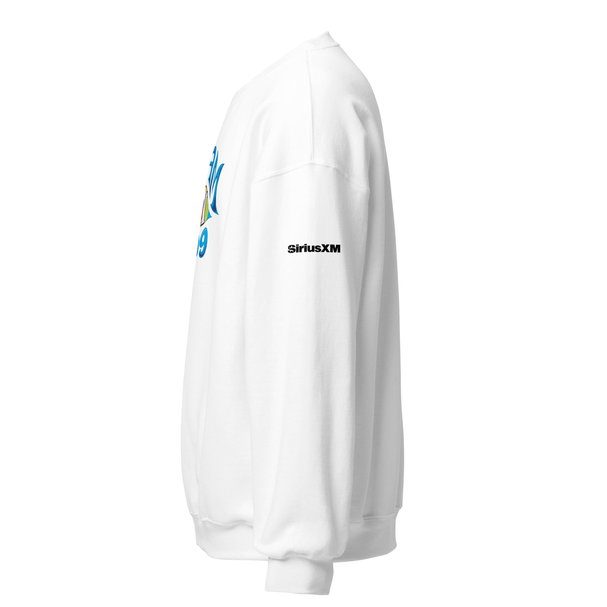 White crewneck sweatshirt with 'SiriusXM' logo on the sleeve. Side view.