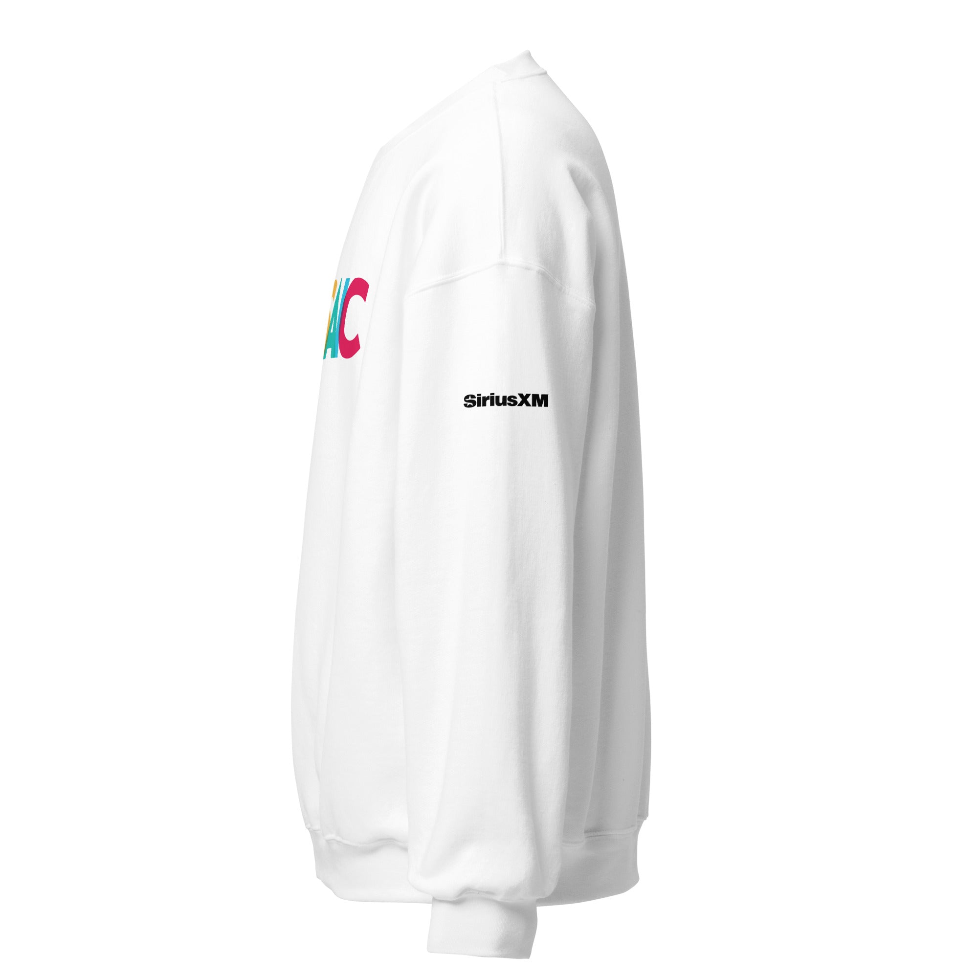 White sweatshirt with 'SiriusXM' logo on the sleeve. Side view.