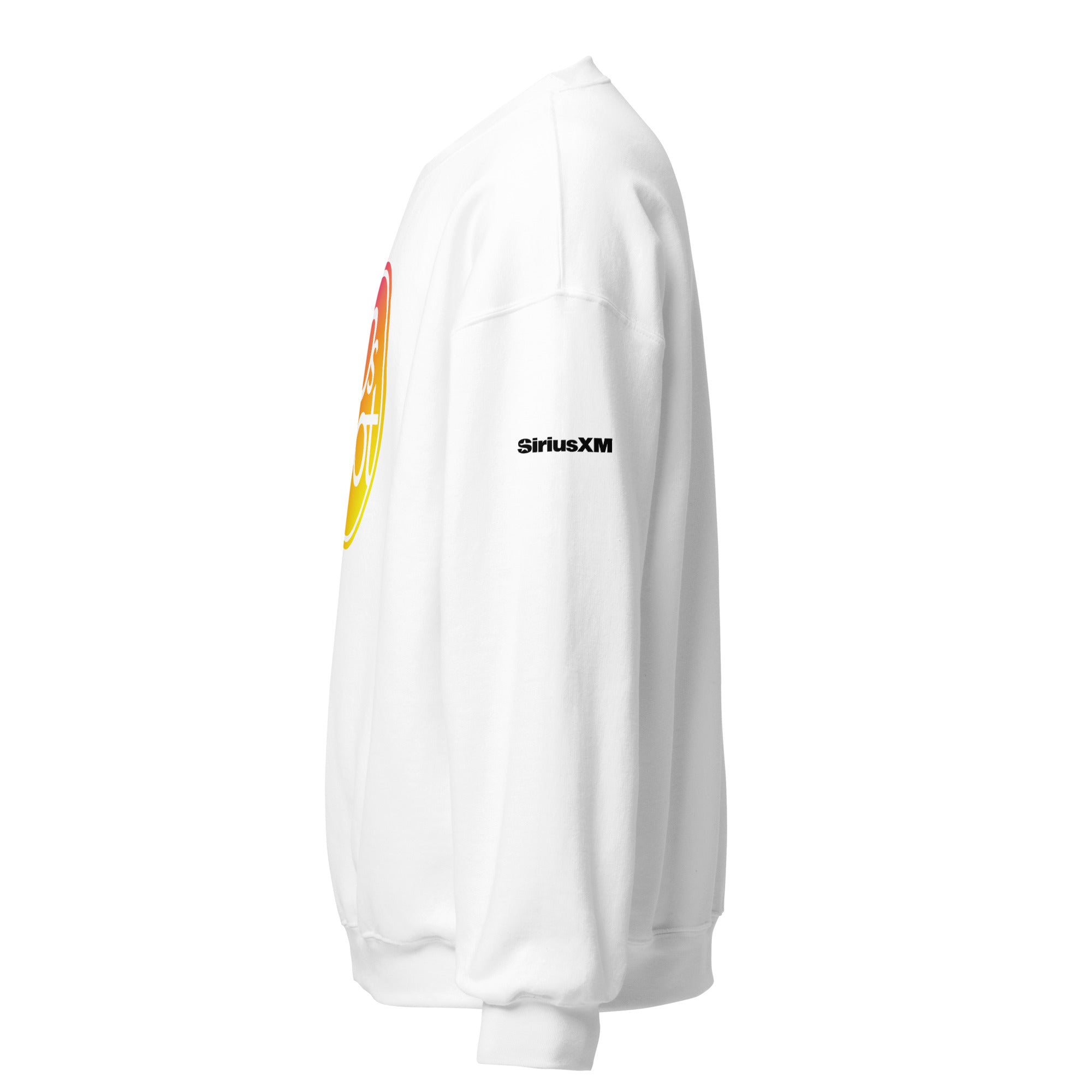White sweatshirt featuring 'SiriusXM' logo on the sleeve. Side view.