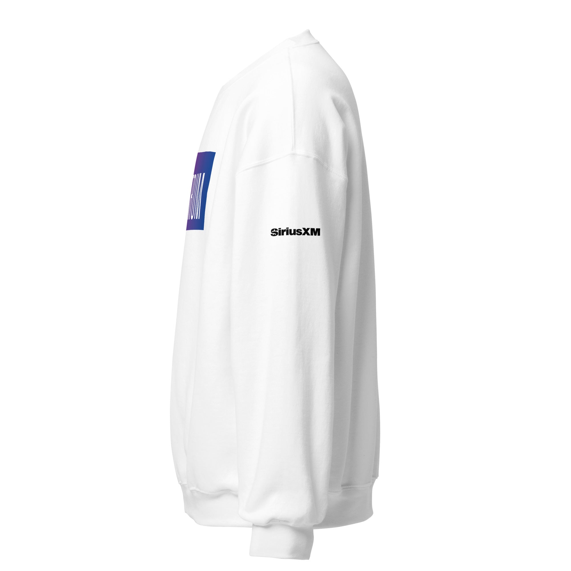 White sweatshirt featuring 'SiriusXM' logo on the sleeve. Side view.