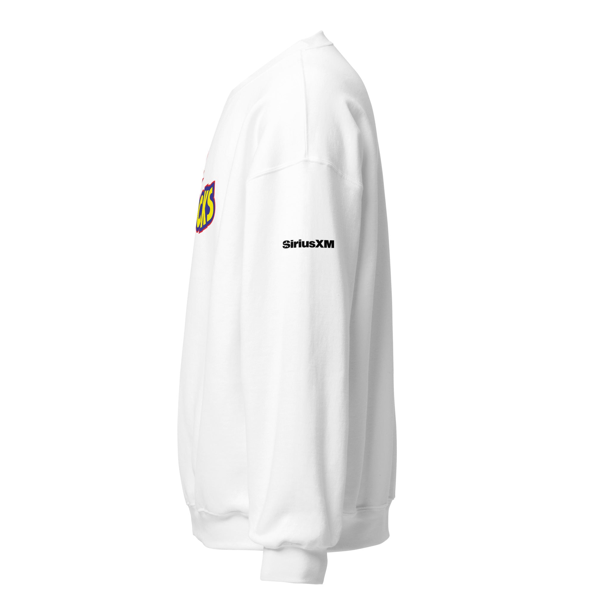 White sweatshirt featuring colorful 'SiriusXM' logo on the sleeve. Side view.