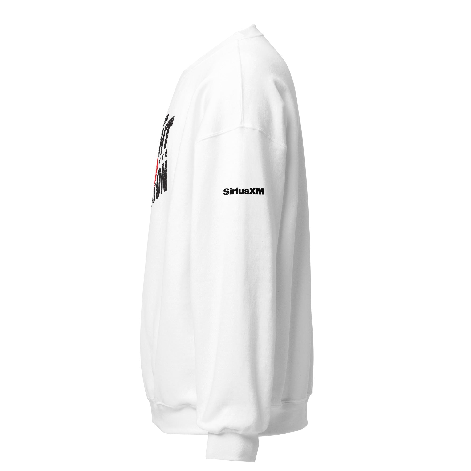 White sweatshirt featuring 'SiriusXM' logo on the sleeve. Side view.