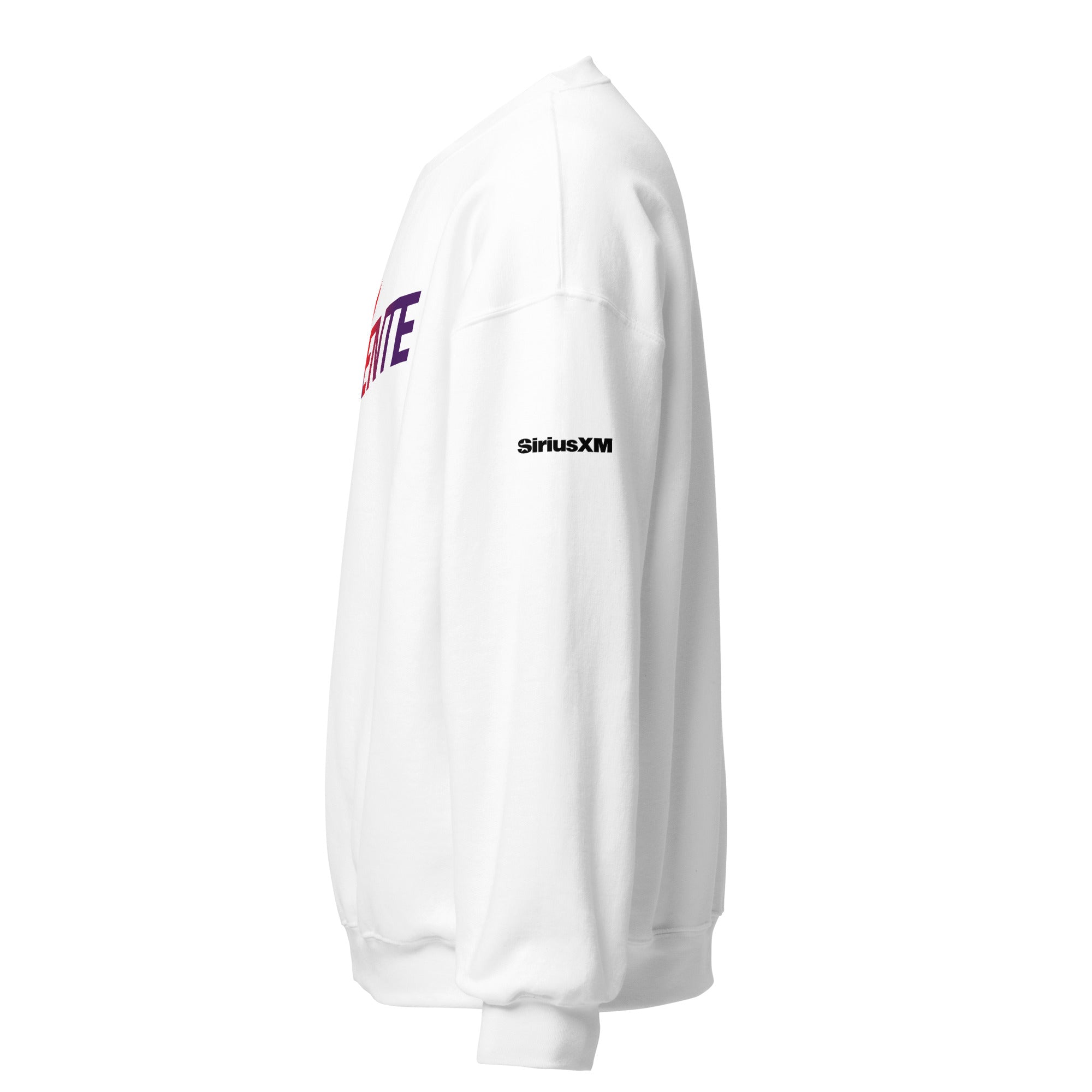 White sweatshirt featuring the 'SiriusXM' logo on the sleeve. Side view.
