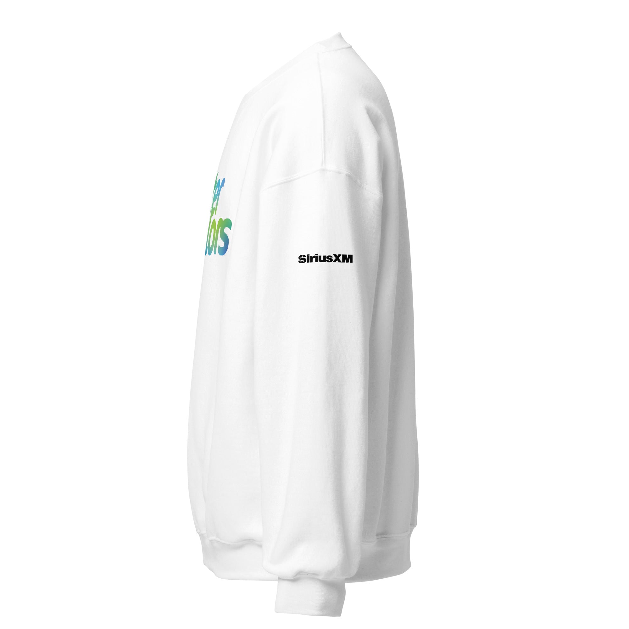 White sweatshirt featuring 'SiriusXM' logo in black on the sleeve. Side view.