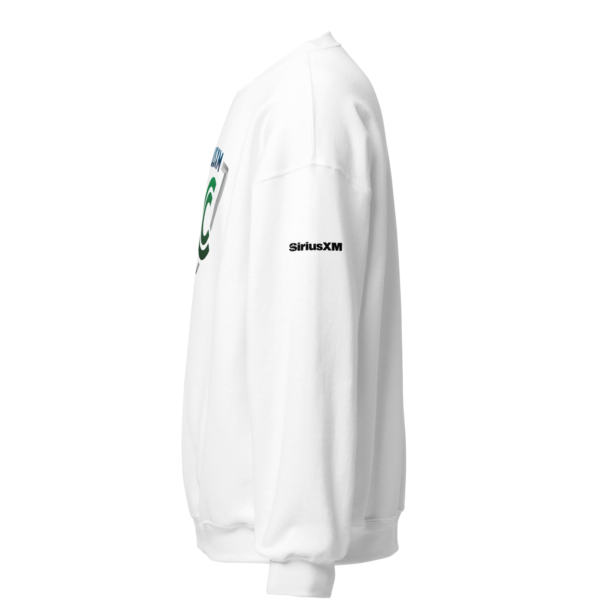 White sweatshirt with a black 'SiriusXM' logo printed on the sleeve, shown from the side.
