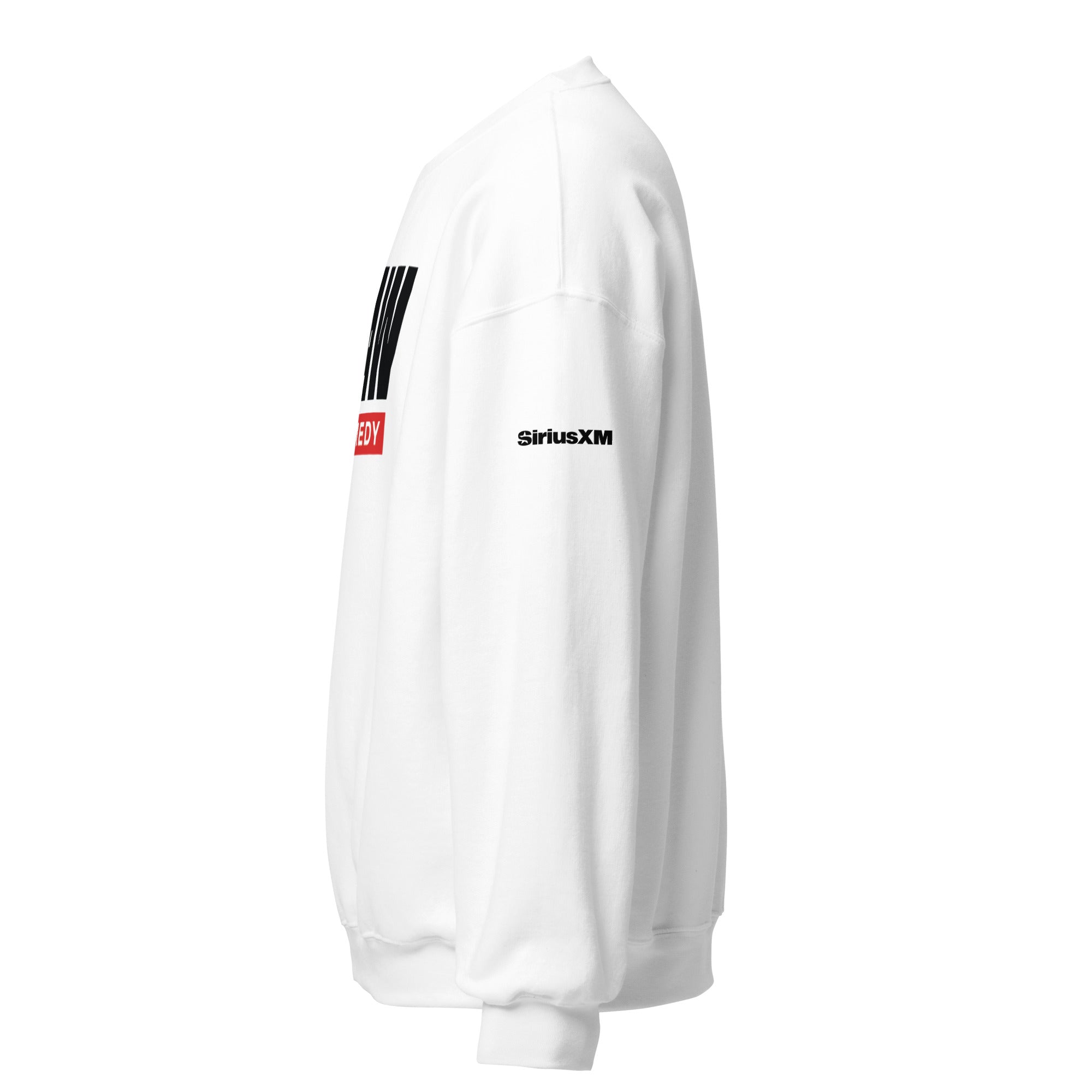 White sweatshirt featuring 'SiriusXM' logo on the upper sleeve. Side view of the garment.