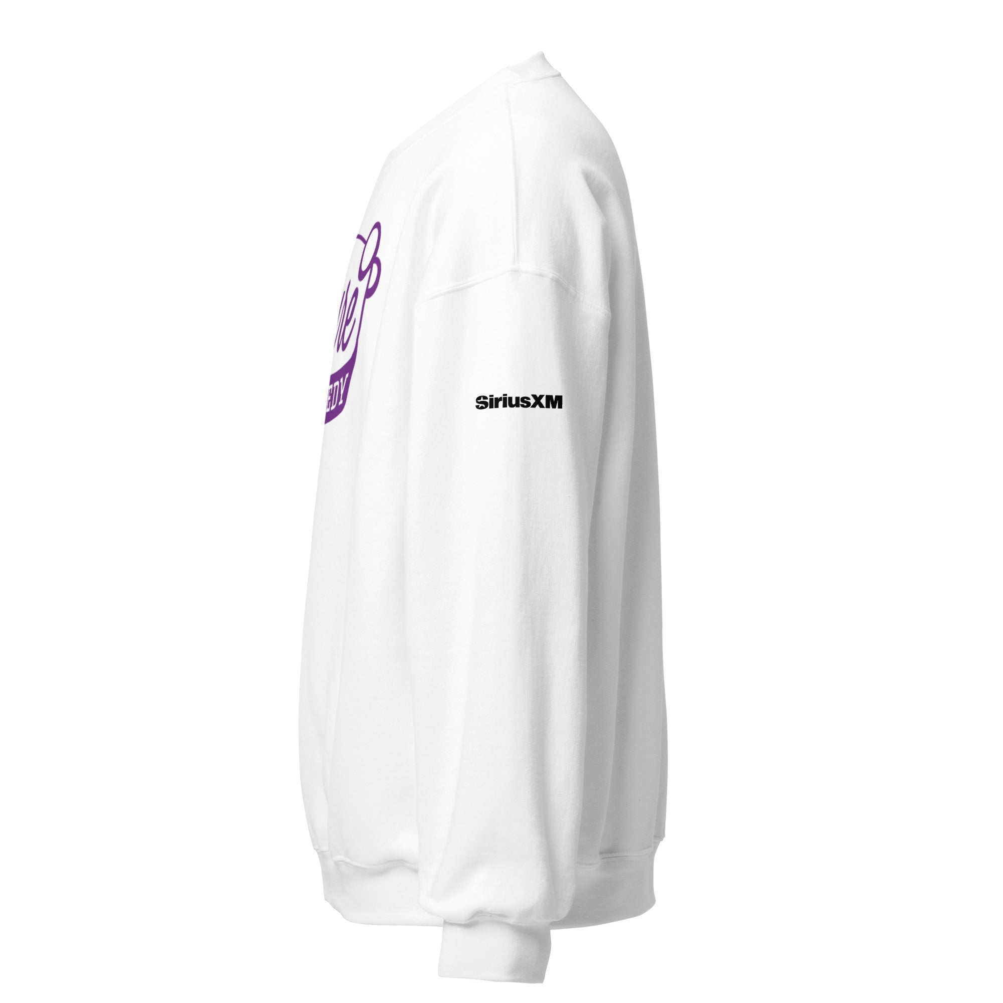 White sweatshirt featuring 'SiriusXM' logo on the upper sleeve. Side view of the garment.