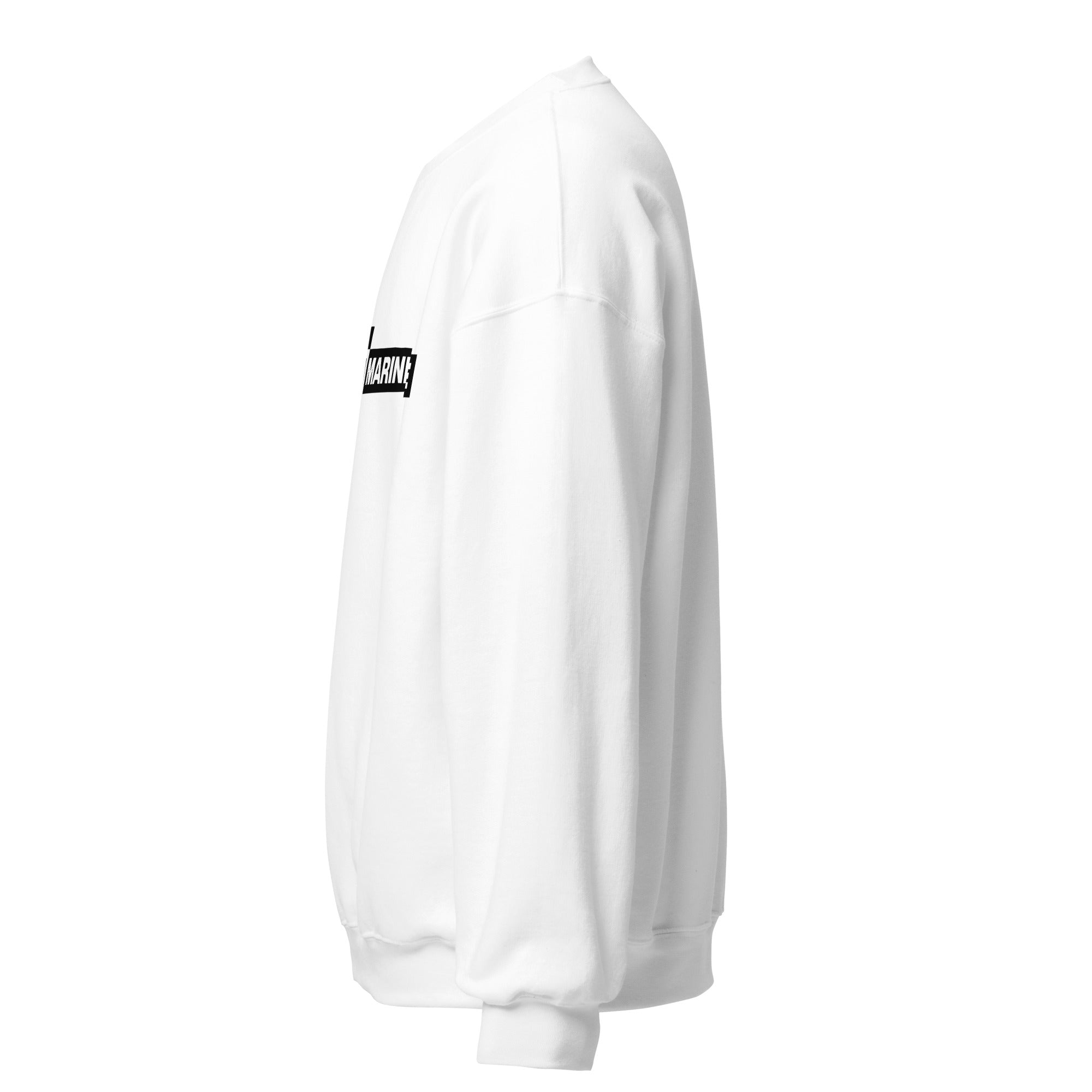 White sweatshirt. Viewed from the side.