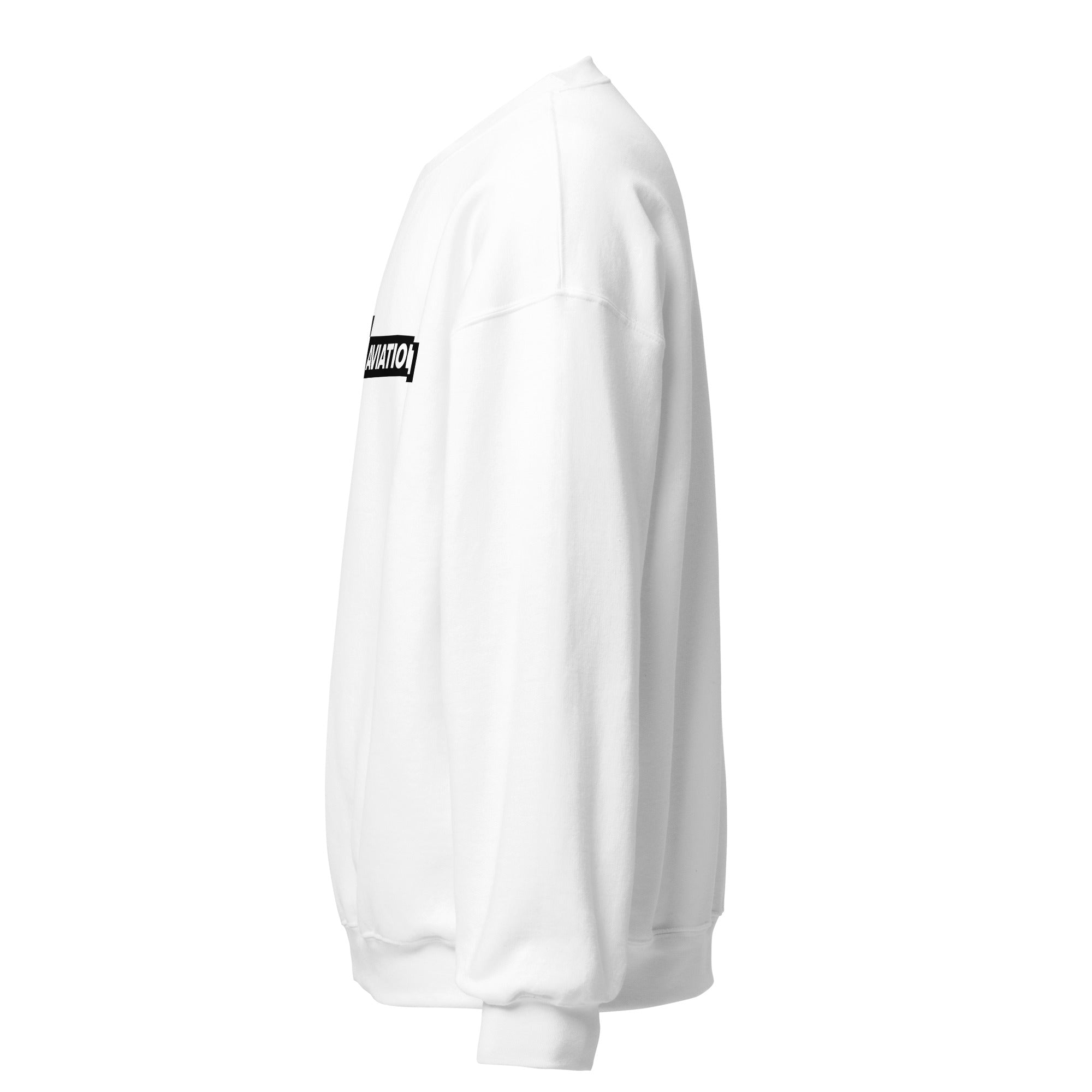 White sweatshirt. Side view.