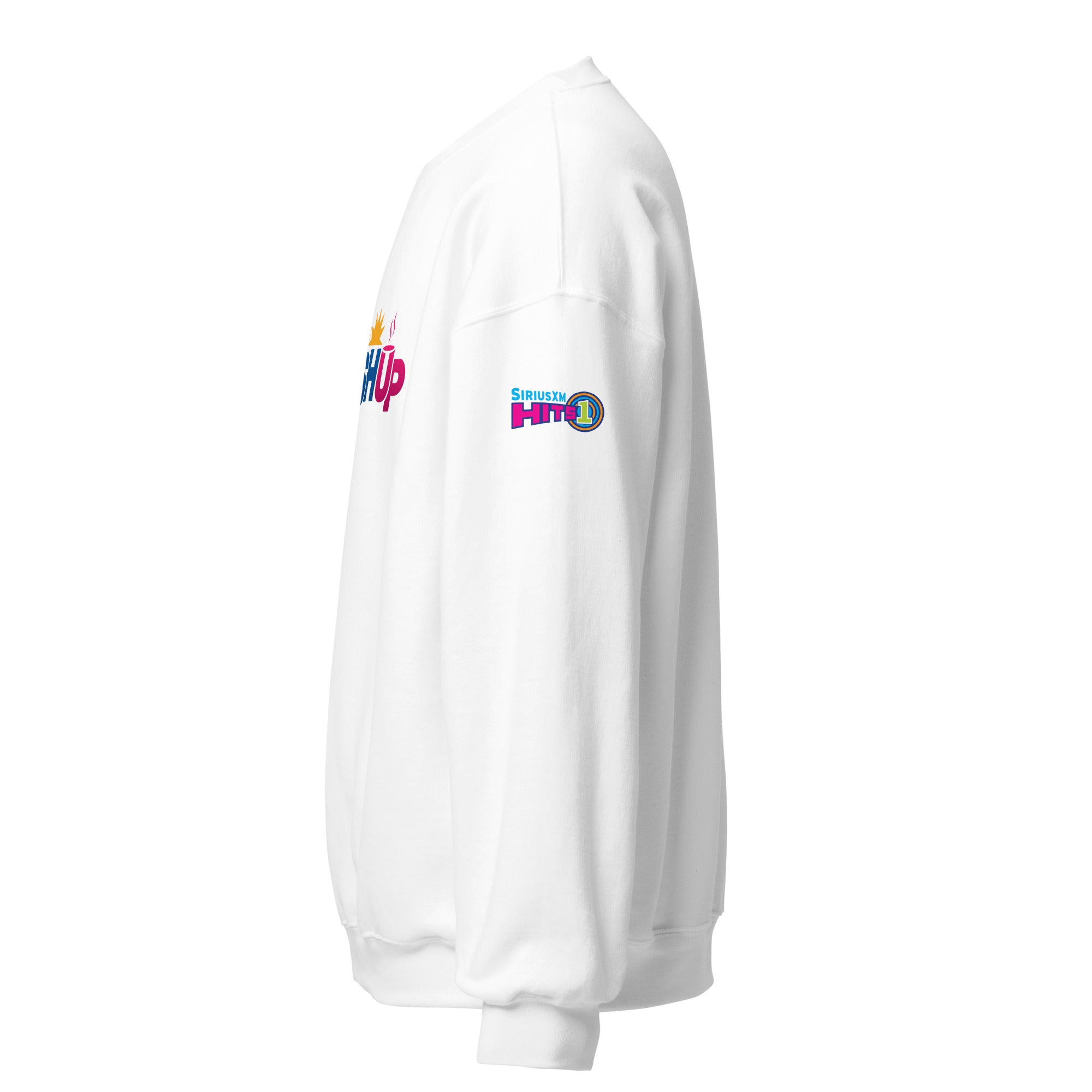 White sweatshirt featuring  'SiriusXM Hits 1' logo on the sleeve. View from side.